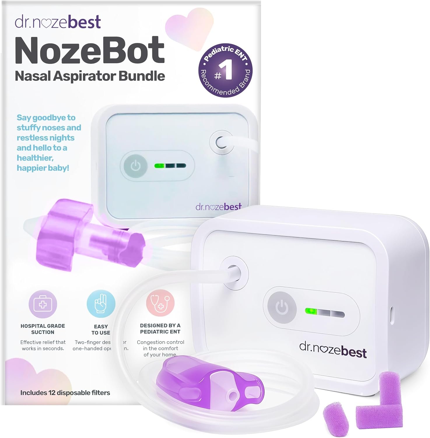 Dr. Noze Best NozeBot Electric Baby Nasal Aspirator – Designed by a Pediatric ENT for Safe, Gentle Congestion Relief – Rechargeable, Portable & Easy to Clean Nose Sucker for Infants and Toddlers