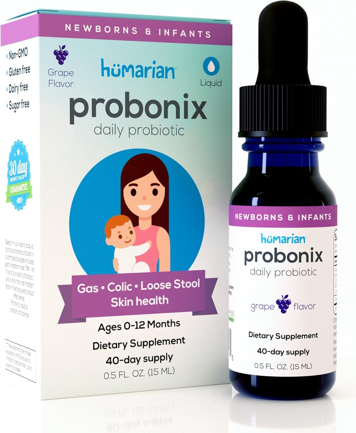 Humarian Probonix for Newborns and Infants 0-12 Months – High Bioavailability Liquid Probiotics – 8-Strain Baby Probiotic Drops for Gas, Colic, Lactose Intolerance & More – 40-Day Supply, Grape Flavor