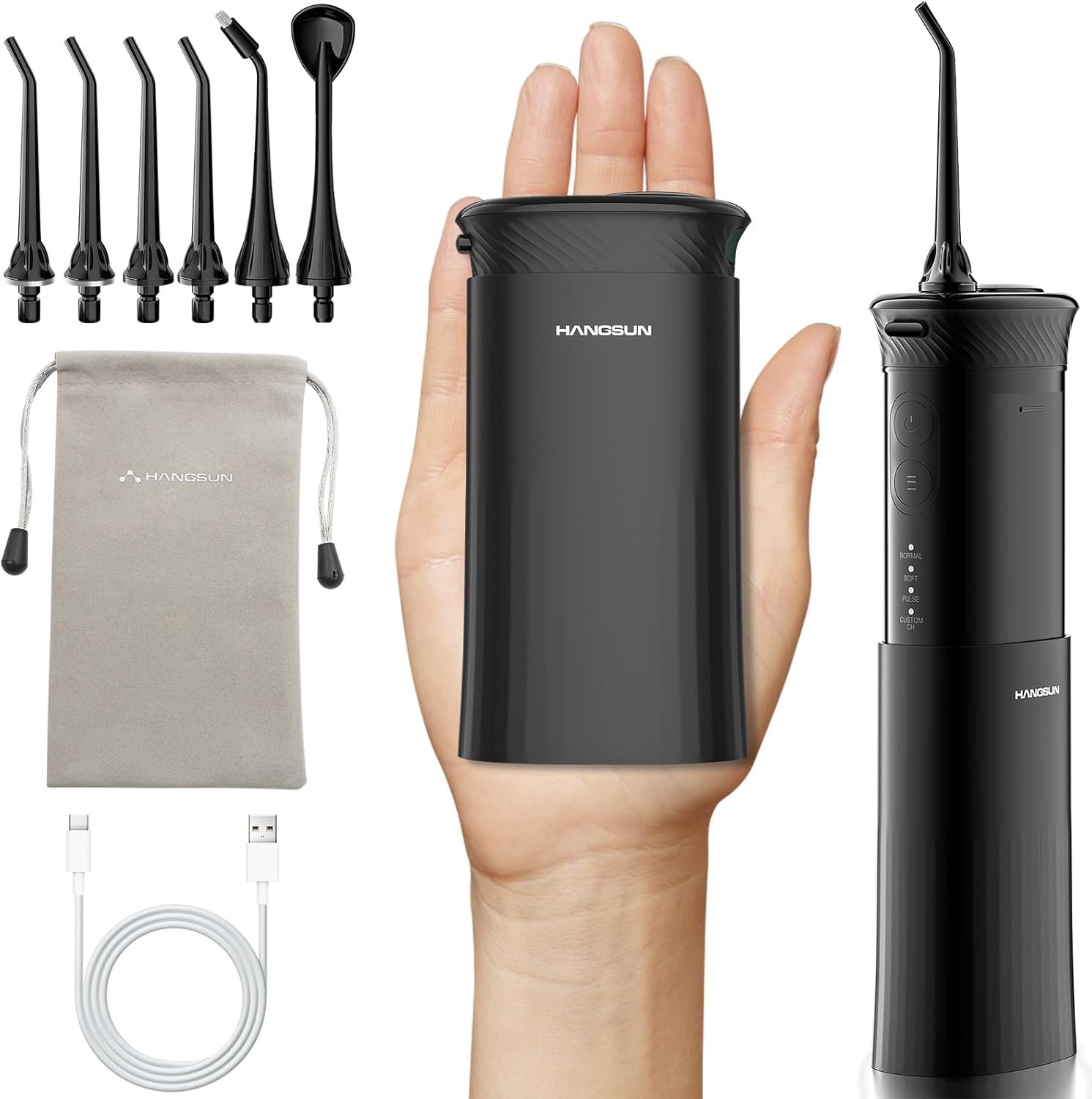 HANGSUN Water Flosser for Teeth – Portable Travel Cordless, 30 Days Battery, Deep Plaque Removal, 4 Adjustable Modes, 6 Nozzles for Sensitive Gums & Braces, IPX7, Telescopic 180ml Tank, Black