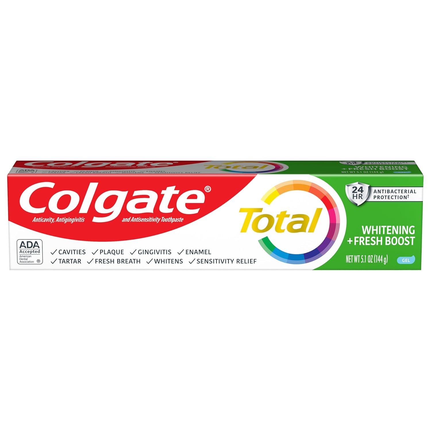 Colgate Total Whitening + Fresh Boost Toothpaste Gel, 10 Benefits, No Trade-Offs, Helps Fight Bacteria, Freshens Breath, Whitens Teeth and Provides Sensitivity Relief, Mint Flavor, 1 Pack, 5.1 Oz Tube