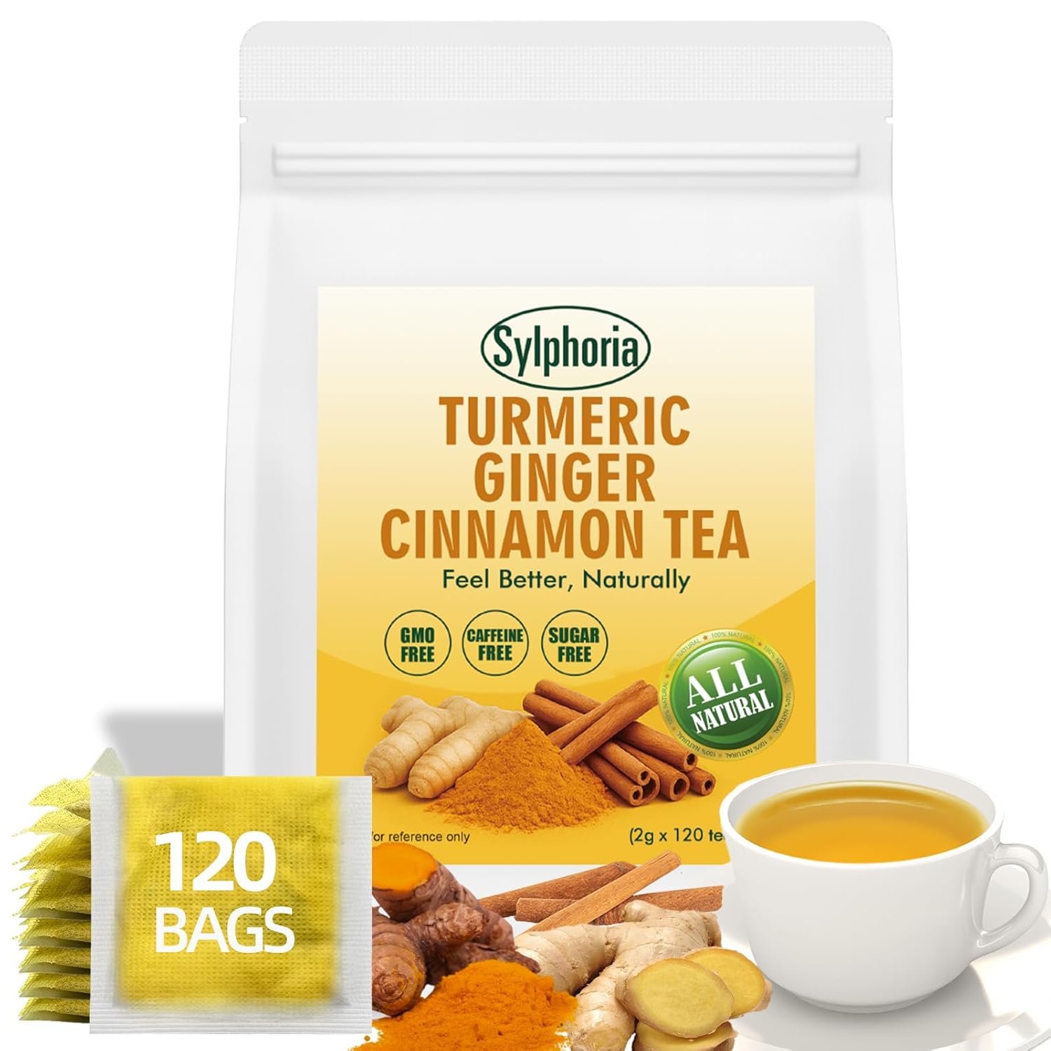 120 Bags Premium Turmeric Ginger Cinnamon Tea Bags, Premium Natural Ingredients, Turmeric Ginger Herbal Blend with Cinnamon, No Sugar, Caffeine-Free