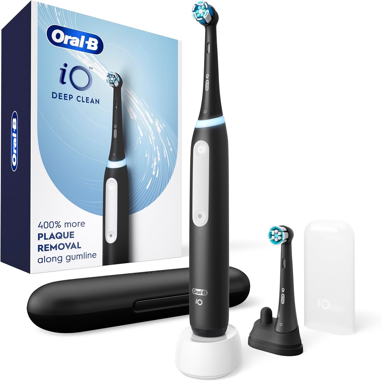 Oral-B iO Deep Clean Rechargeable Electric Toothbrush, Black, iO Series 3 Limited, 2 Brush Heads, Travel Case, Pressure Sensor, 3 Cleaning Settings