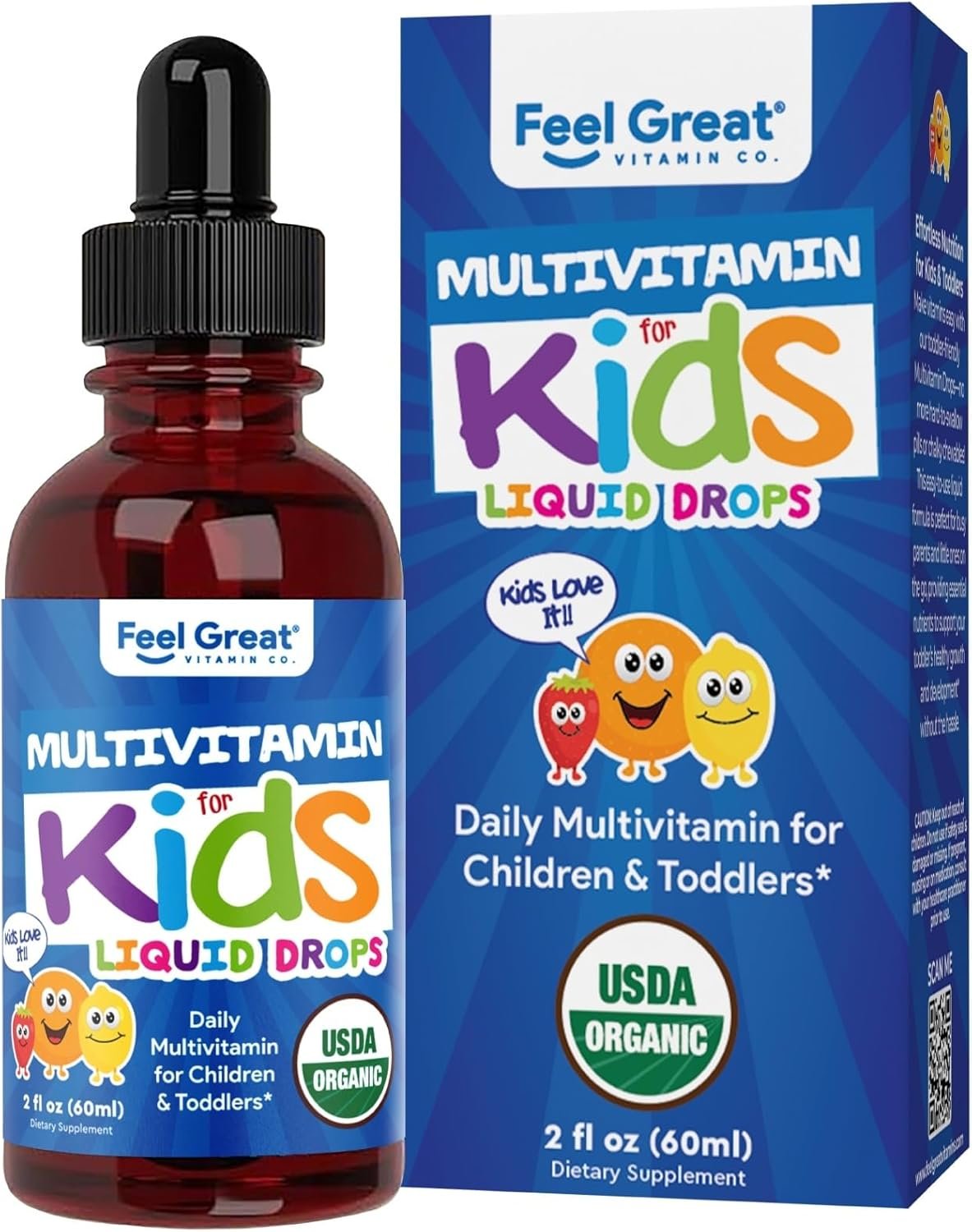 Feel Great Vitamins Organic Multivitamin Liquid Drops for Toddlers & Kids | Daily Essential Nutrients for Healthy Growth | No Iron, Sugar-Free | USDA Organic, Vegan, Non-GMO, Gluten-Free | 2 Fl Oz