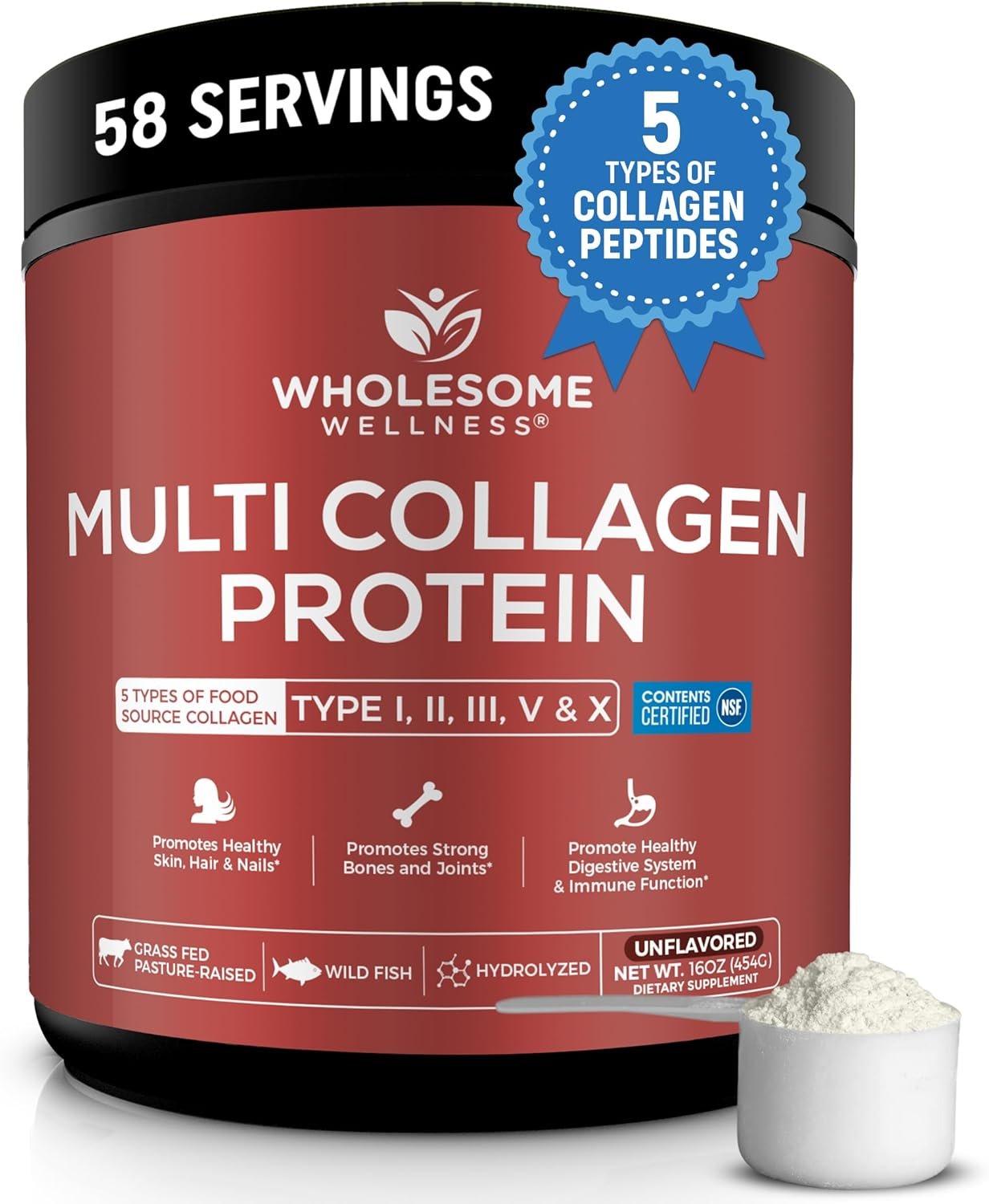 Wholesome Wellness Premium Multi Collagen Peptides Powder for Women and Men | 5 Types of Hydrolyzed Collagen | Grass-Fed, Non-GMO & Unflavored | Pure Protein for Youthful Skin & Joint Recovery