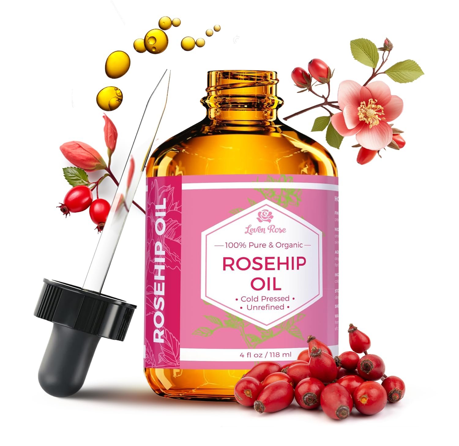 Leven Rose Rosehip Seed Oil for Face 4 oz – Pure Rosehip Oil for Face – Unrefined Cold Pressed Rosehip Oil for Body – Nighttime Face Moisturizer for Hair, Skin & Nails