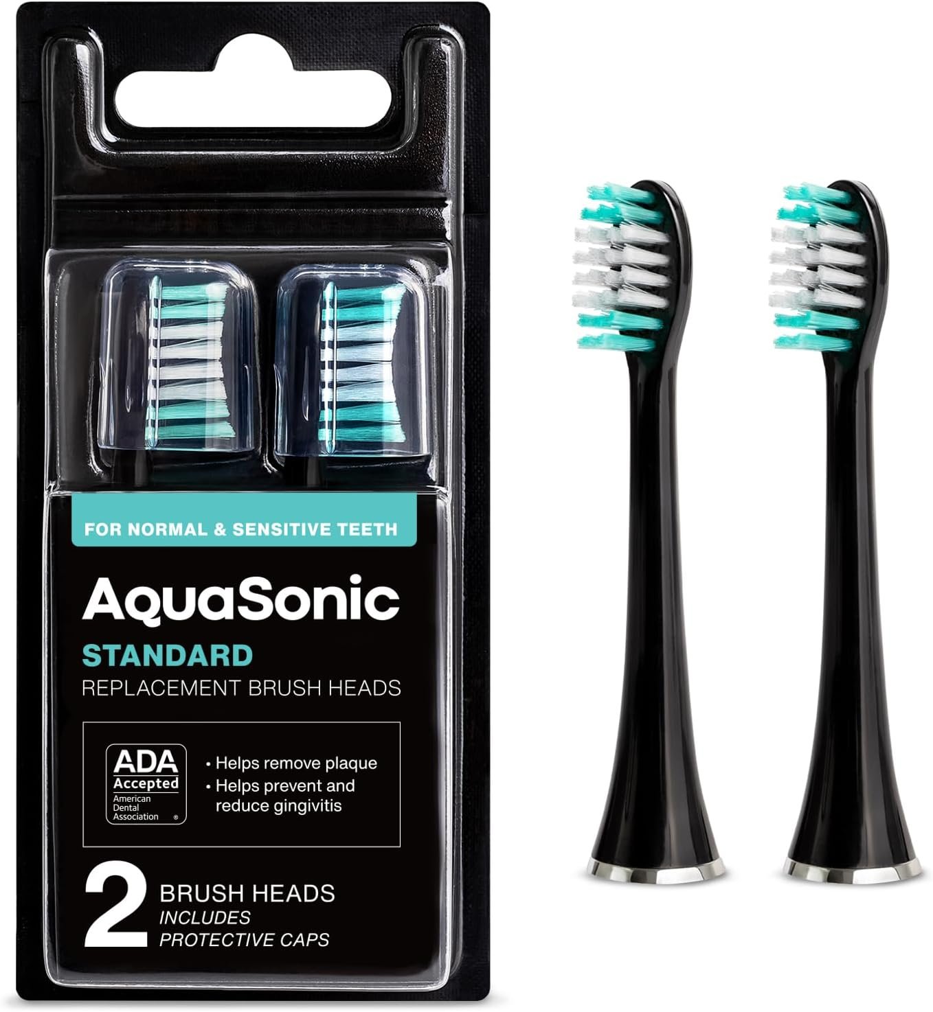 AquaSonic Genuine Standard Replacement Brush Heads | for Normal & Sensitive Teeth | Compatible with Many AquaSonic Toothbrush Handles (2 Pack Black)