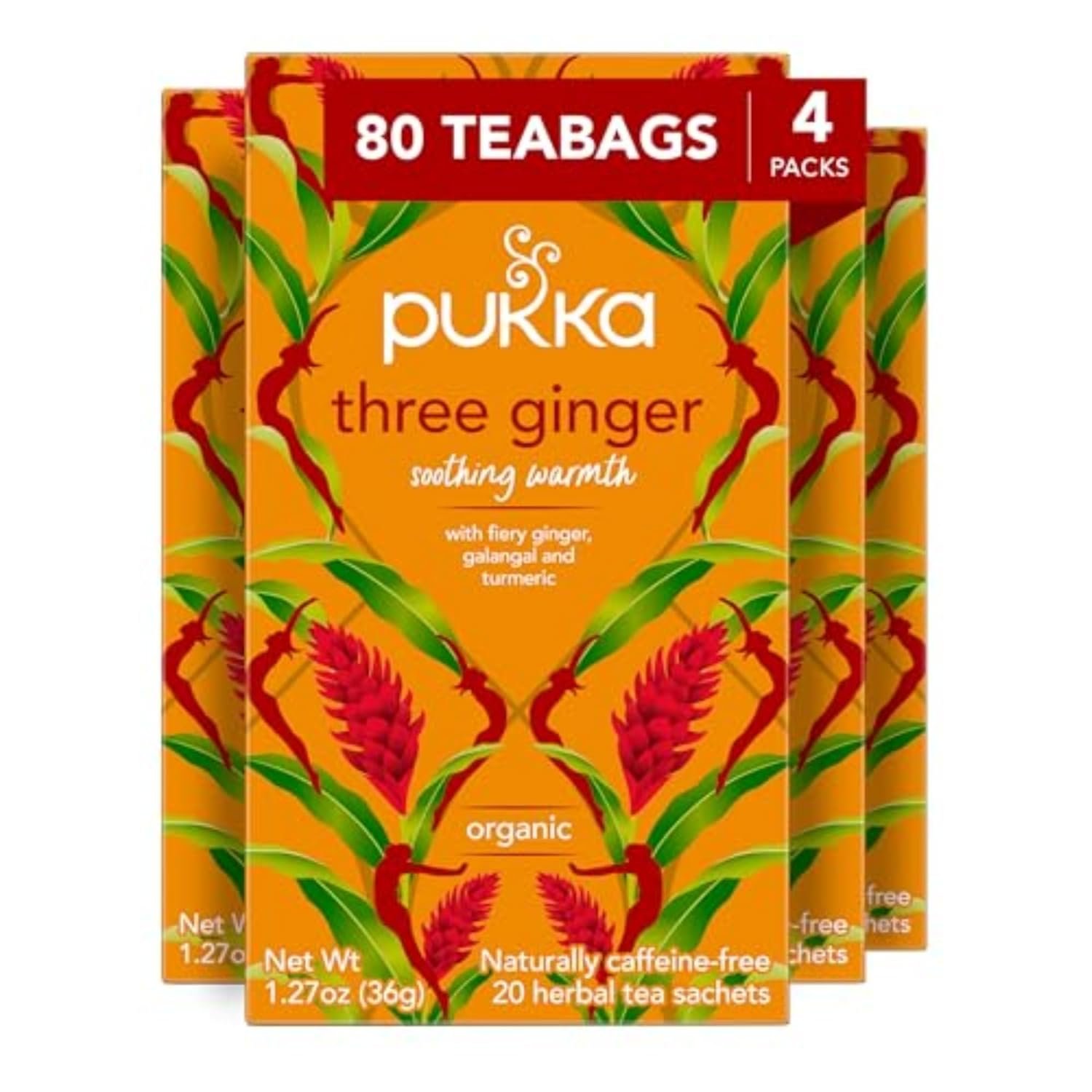 Pukka Three Ginger Organic Herbal Tea, Digestion-Aiding Infusion With Ginger, Turmeric, and Galangal, Tea Gift Set Ideal After Meals, Caffeine Free, 80 Total Bags (20ct – Pack of 4)