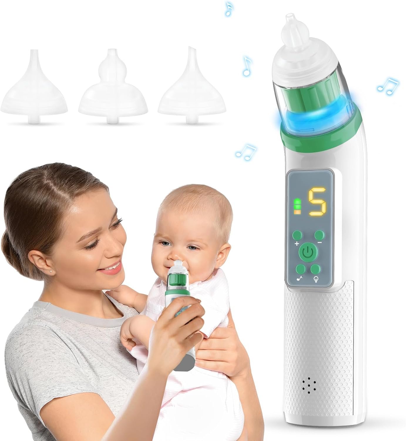 Nasal Aspirator for Baby, Electric Nose Suction for Baby Nose Sucker with 5 Suction Levels, Waterproof Nose Aspirator for Toddlers with 3 Silicone Tips, Music and Light Soothing Function, Deep Green