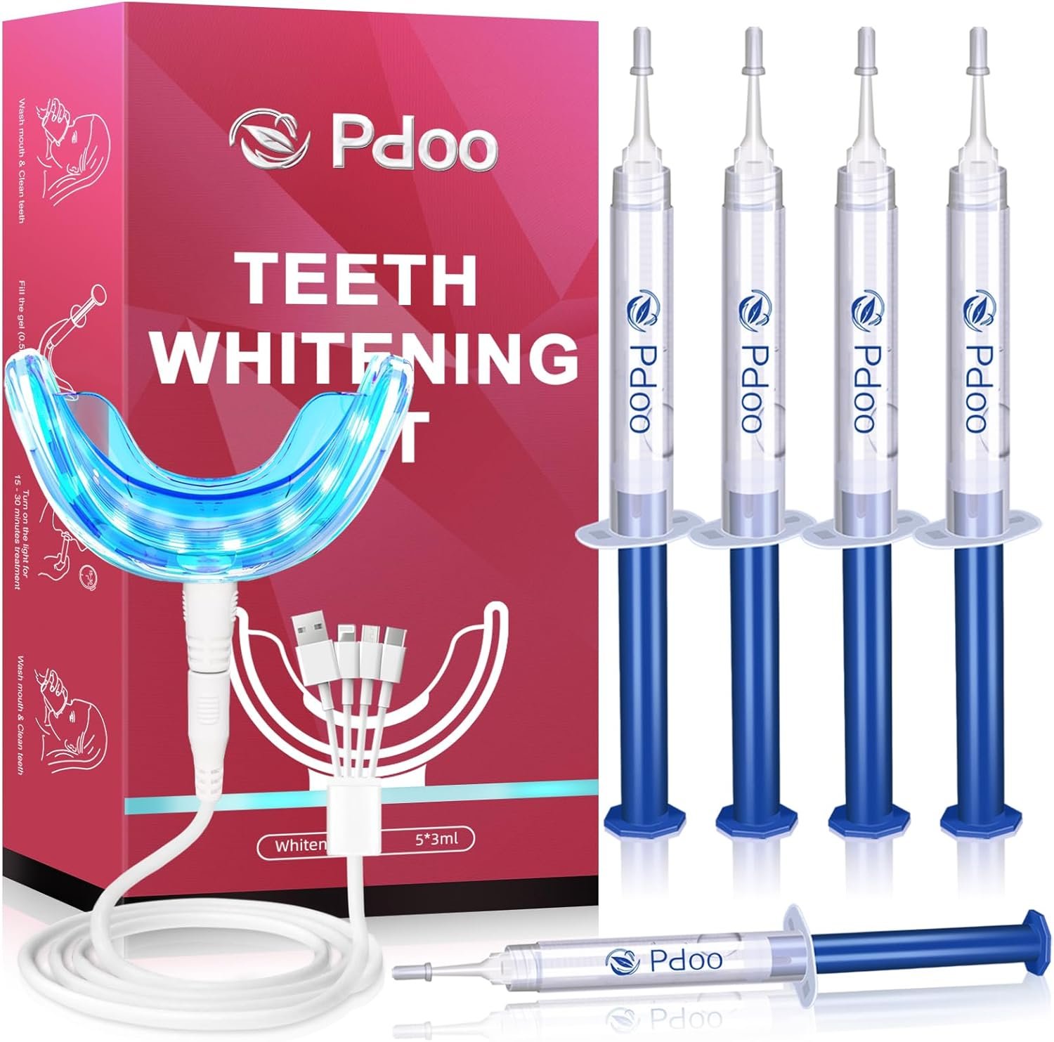 Professional Teeth Whitening Kit with 5 Teeth Whitening Gel, LED Accelerator Light & Rechargeable Design – Enamel Safe Gel, Custom Trays, Fast Results for Sensitive Teeth – Whitening Gel Kit​​