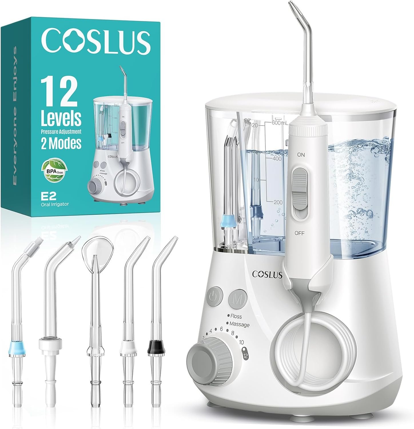 COSLUS Advanced Water Flosser for Teeth: 2 Modes & 12 Pressure Settings Electric Dental Pick for Orthodontic, Braces, Sensitive Gums – Home Use, ​​5 Jet Tips for Multiple Users, Family, White, E2