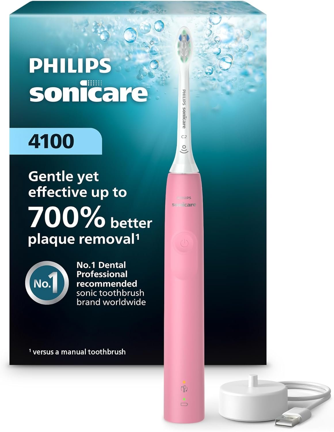Philips Sonicare 4100 Series Electric Toothbrush – Sonic Toothbrush with Advanced Sonic Technology, Pressure Sensor, Two Intensity Settings, Smartimer & Quadpacer, Deep Pink, Model HX3681/26