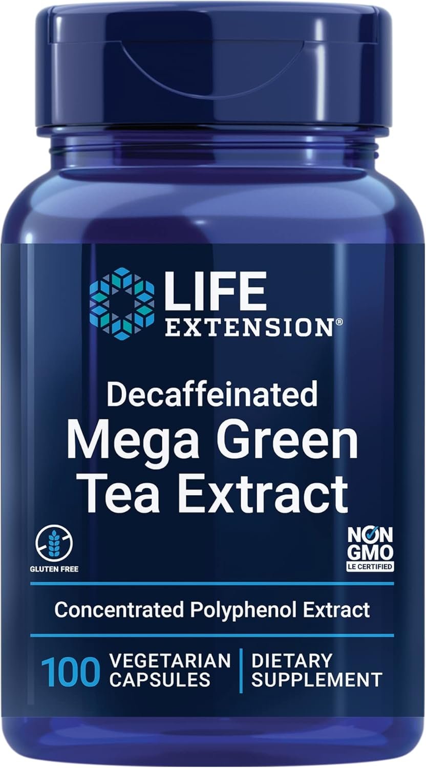 Life Extension Decaffeinated Mega Green Tea Extract – Polyphenol-Rich, Cell Health, Heart Health, Brain Health, Antioxidant Protection – Non-GMO, Gluten-Free, Vegetarian – 100 Capsules
