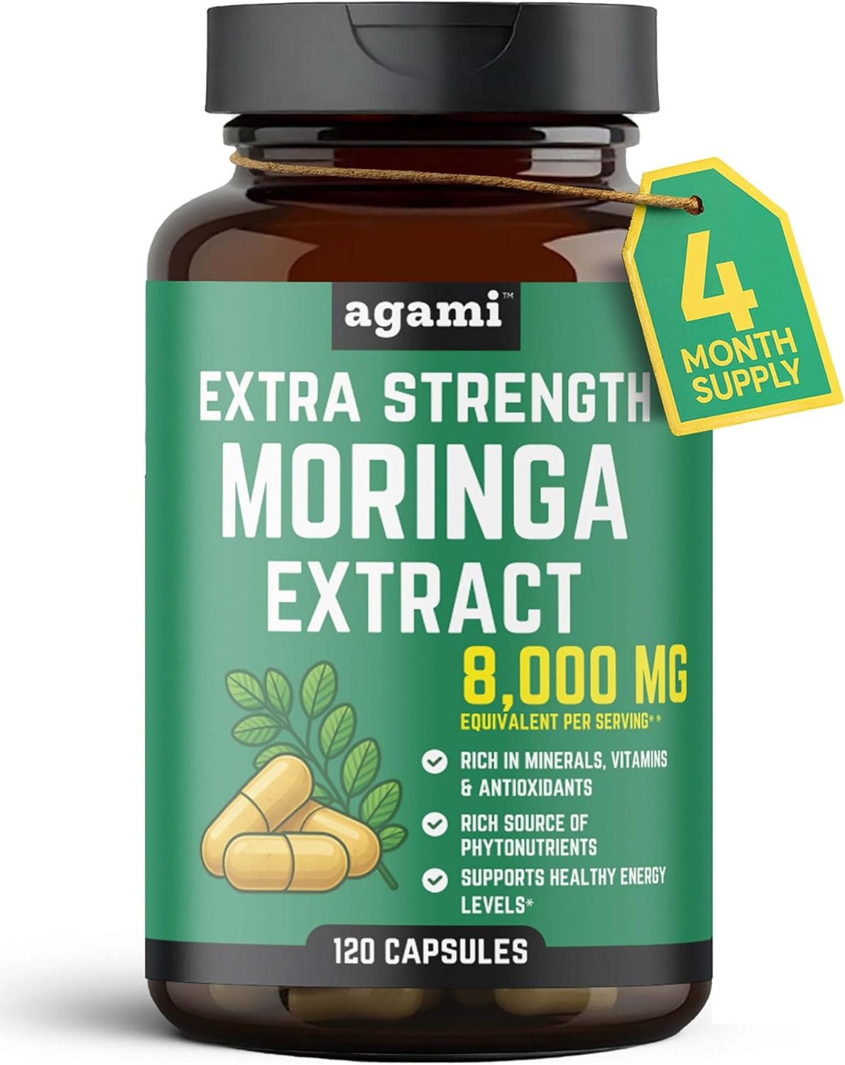 Agami Moringa Capsules | 4 Month Supply | Natural Energy & Joint Support | 8000mg Strength | Daily Greens Superfood | Moringa Oleifera | Skin Health Support | 120 Capsules