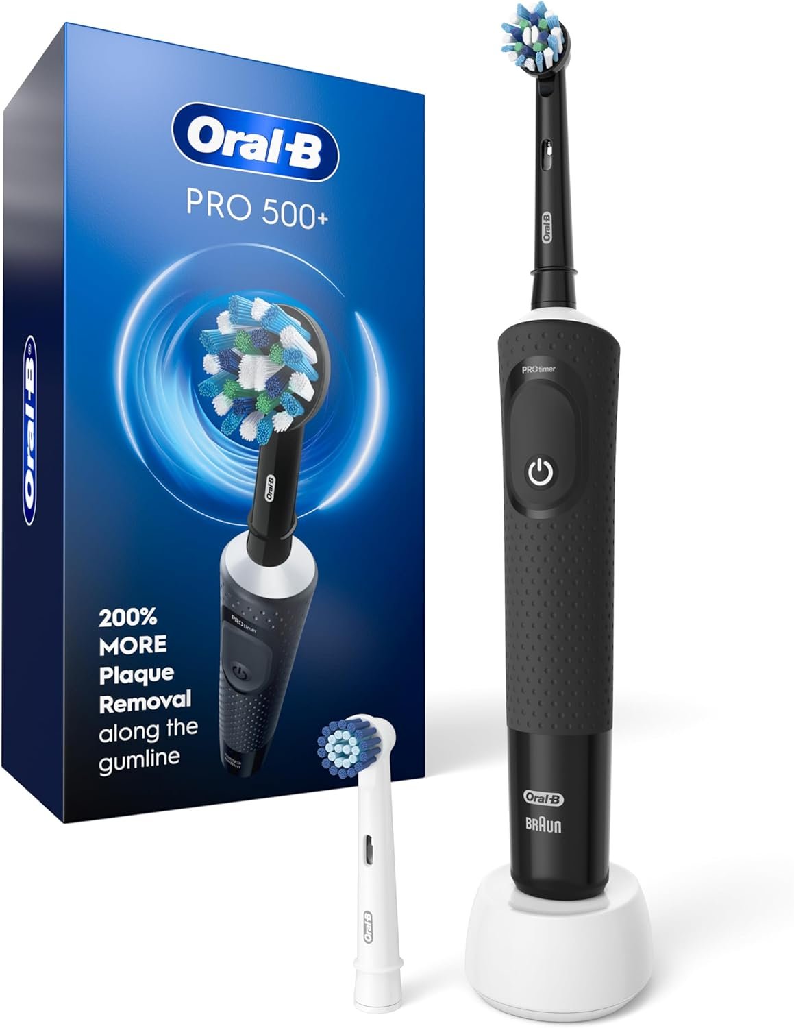 Oral-B Pro 500 + Electric Toothbrush with (2) Brush Heads, Rechargeable, Black