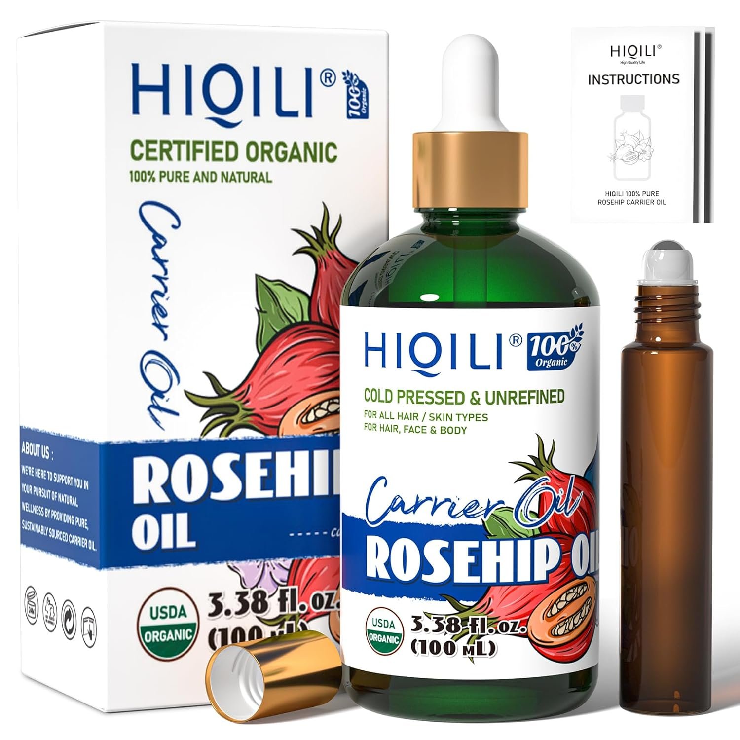 HIQILI 3.38 Fl Oz Organic Rosehip Seed Oil for Face, 100% Pure and Natural, Cold Pressed, Carrier Oil for Skin, Hair & Nails – Women & Men