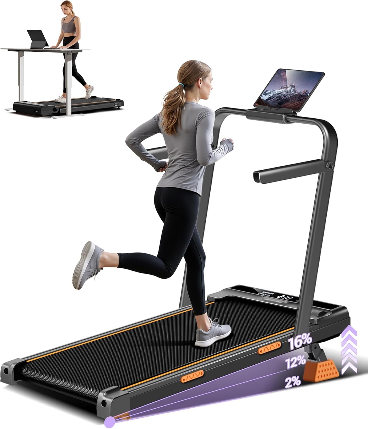 16% Incline Walking Pad Treadmills for Home Small, 4-in-1 Under Desk Treadmill with Handles, Foldable Treadmill with 2.5 HP Quiet Brushless, 330 LBS Capacity