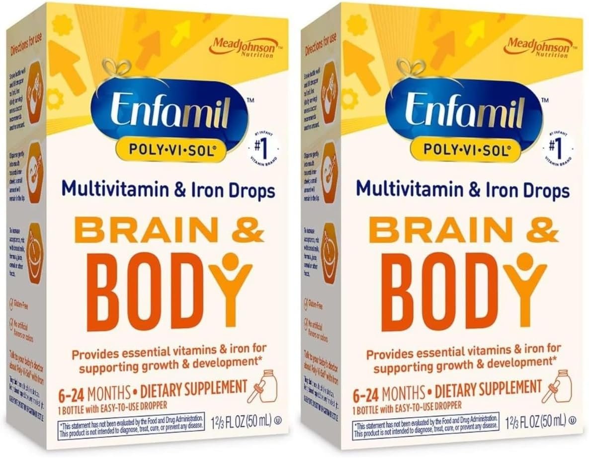 Enfamil Prenatals & Baby Vitamin Poly-Vi-Sol with Iron Multivitamin Supplement Drops for Infants and Toddlers, 50 mL dropper bottle, (Pack of 2)