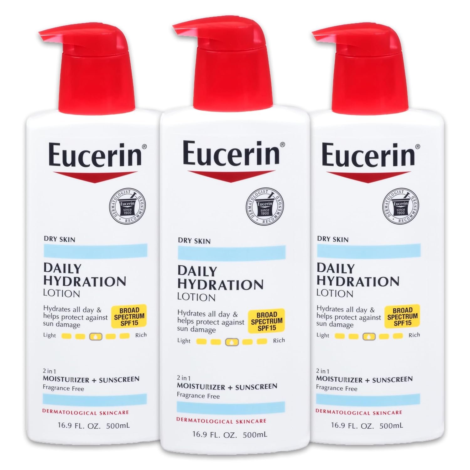 Eucerin Daily Hydration Lotion with SPF 15 – Broad Spectrum Body Lotion for Dry Skin – 16.9 fl. Oz. Pump Bottle (Pack of 3)