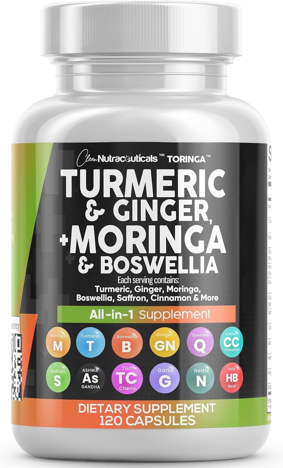Clean Nutraceuticals Turmeric Moringa Supplement | Ginger Boswellia Saffron – Supplement for Women and Men with Ceylon Cinnamon, Tart Cherry, Quercetin Garlic Nettle Holy Basil – 1Pack