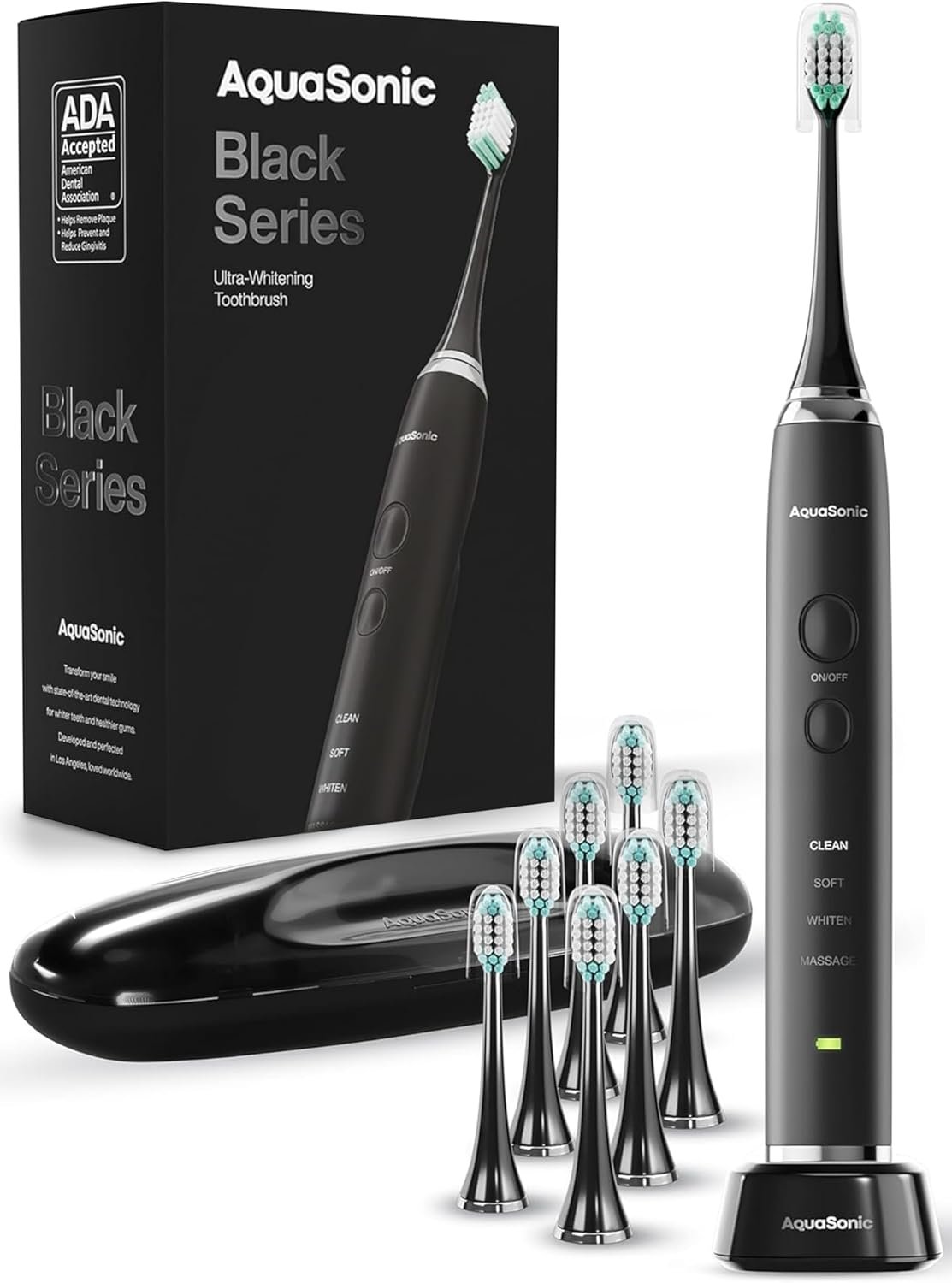 Aquasonic Black Series Ultra Whitening Toothbrush – ADA Accepted Electric Toothbrush- 8 Brush Heads & Travel Case – 40,000 VPM Electric Motor & Wireless Charging – 4 Modes w Smart Timer