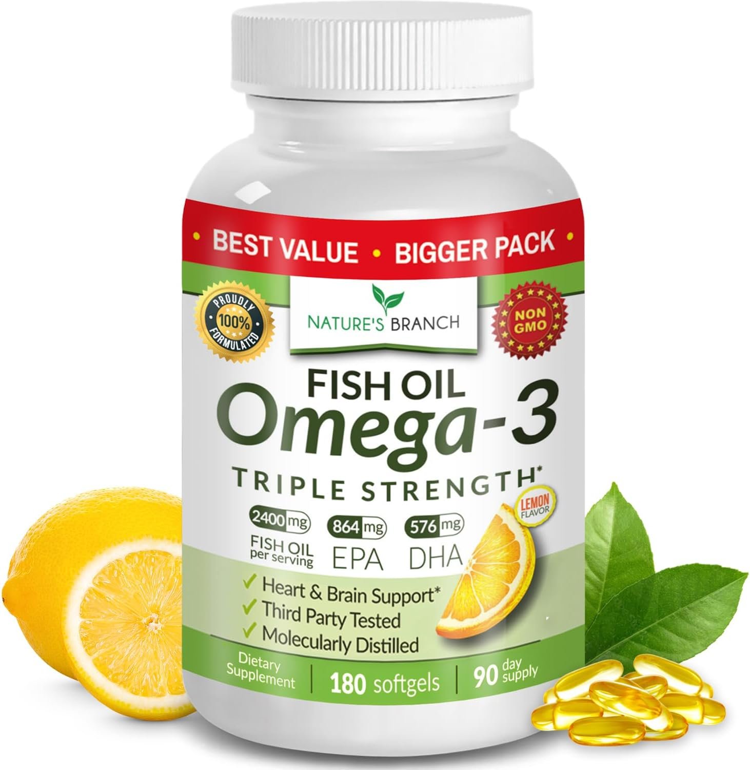 Triple Strength Omega 3 Fish Oil Supplements 2400mg | 180 Capsules, Burpless High Potency Lemon Flavor, High EPA DHA for Men & Women Ultra Pure Softgels | Joint Support, Eyes, Heart Brain Health Pills
