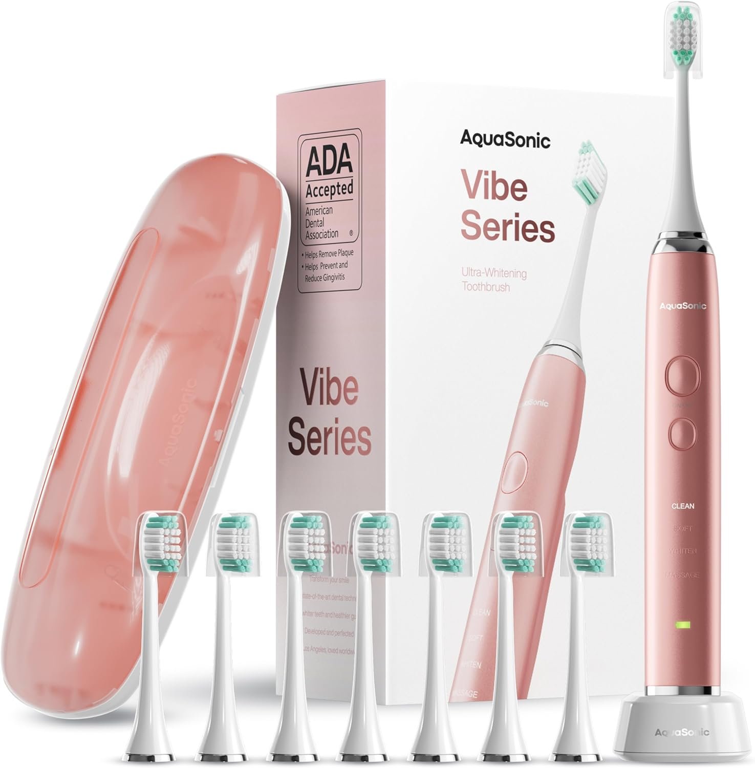 Aquasonic Vibe Series Ultra-Whitening Toothbrush – ADA Accepted Electric Toothbrush – 8 Brush Heads & Travel Case – 40,000 VPM Motor & Wireless Charging – 4 Modes w Smart Timer – Satin Rose Gold