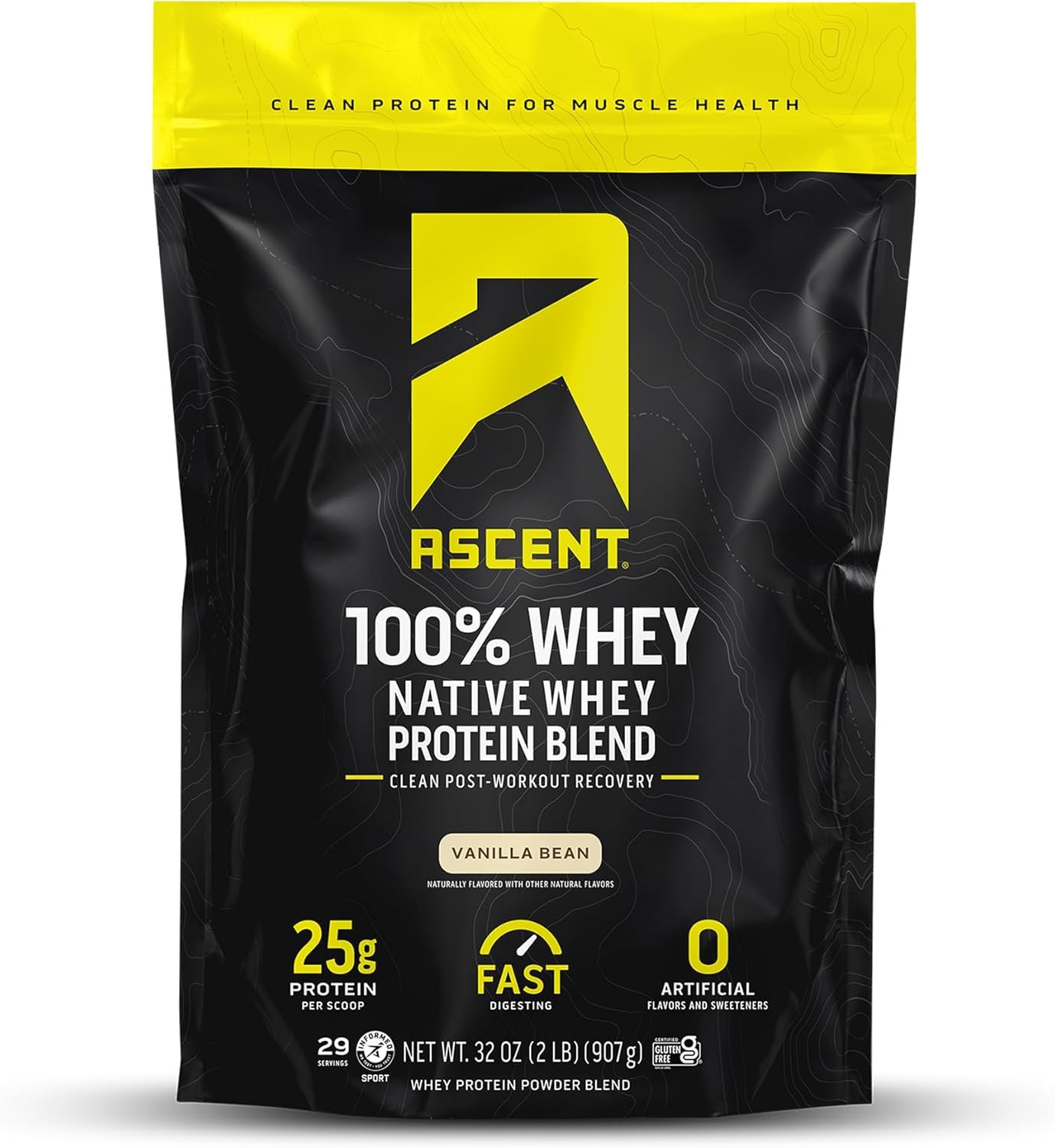 Ascent 100% Whey Protein Powder – Post Workout Whey Protein Isolate, Zero Artificial Flavors & Sweeteners, Soy & Gluten Free, 5.5g BCAA, 2.6g Leucine, Essential Amino Acids, Vanilla Bean 2 lb