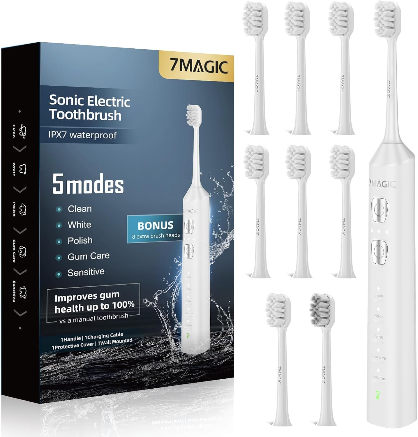 7MAGIC Sonic Electric Toothbrush for Adults and Kids – Up to 180 Days Runtime, 42000 VPM Powered Toothbrush, 5 Modes & 3 Intensities for Sensitive Teeth & Braces, Includes 8 Brush Heads, White