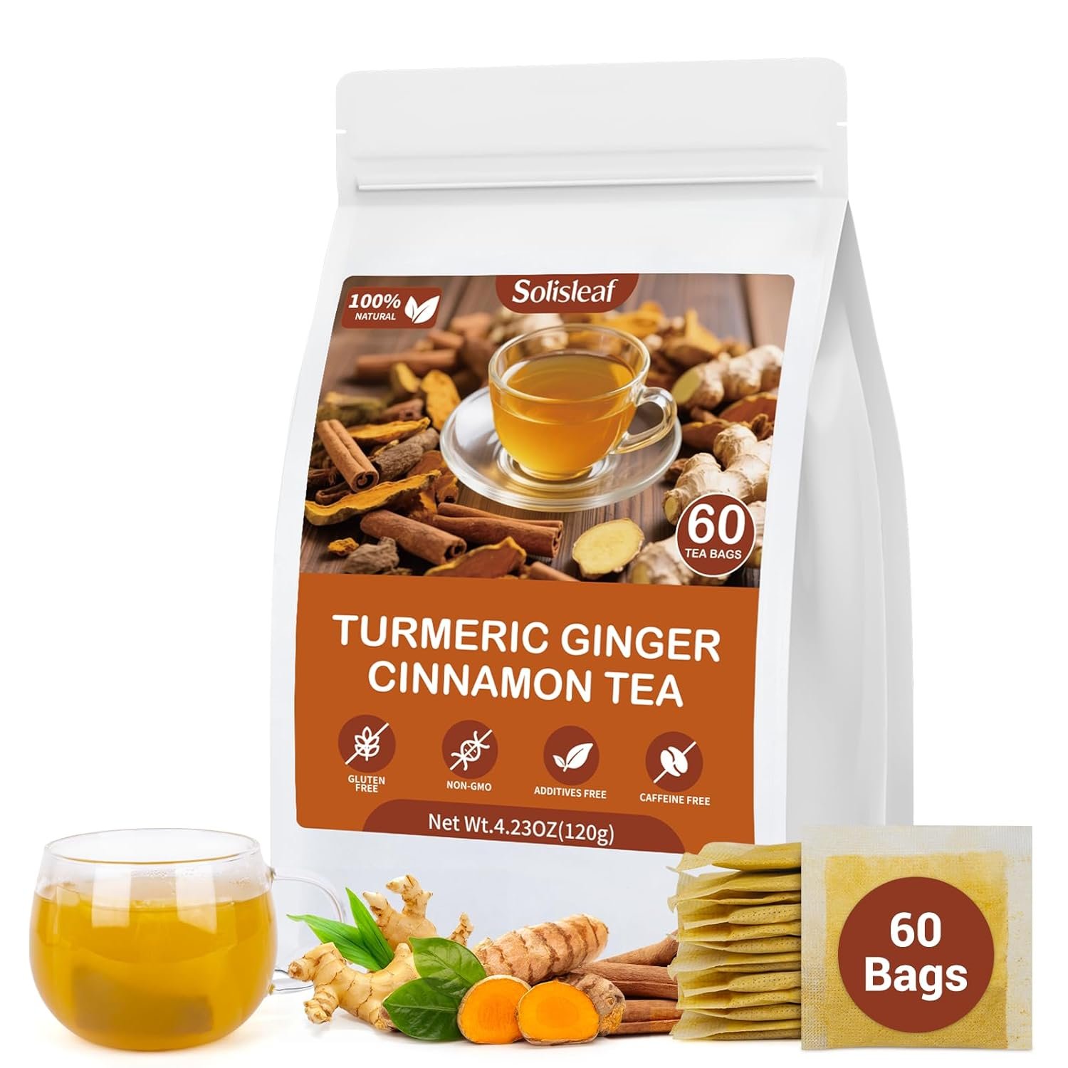 Turmeric Ginger Cinnamon Tea Bags, Pure Natural Ginger Turmeric Herbal Blend Tea with Cinnamon for Promoting Digestion, Boosts Immunity, Caffeine-Free, No Additives (60 Bags/1 Pack|）
