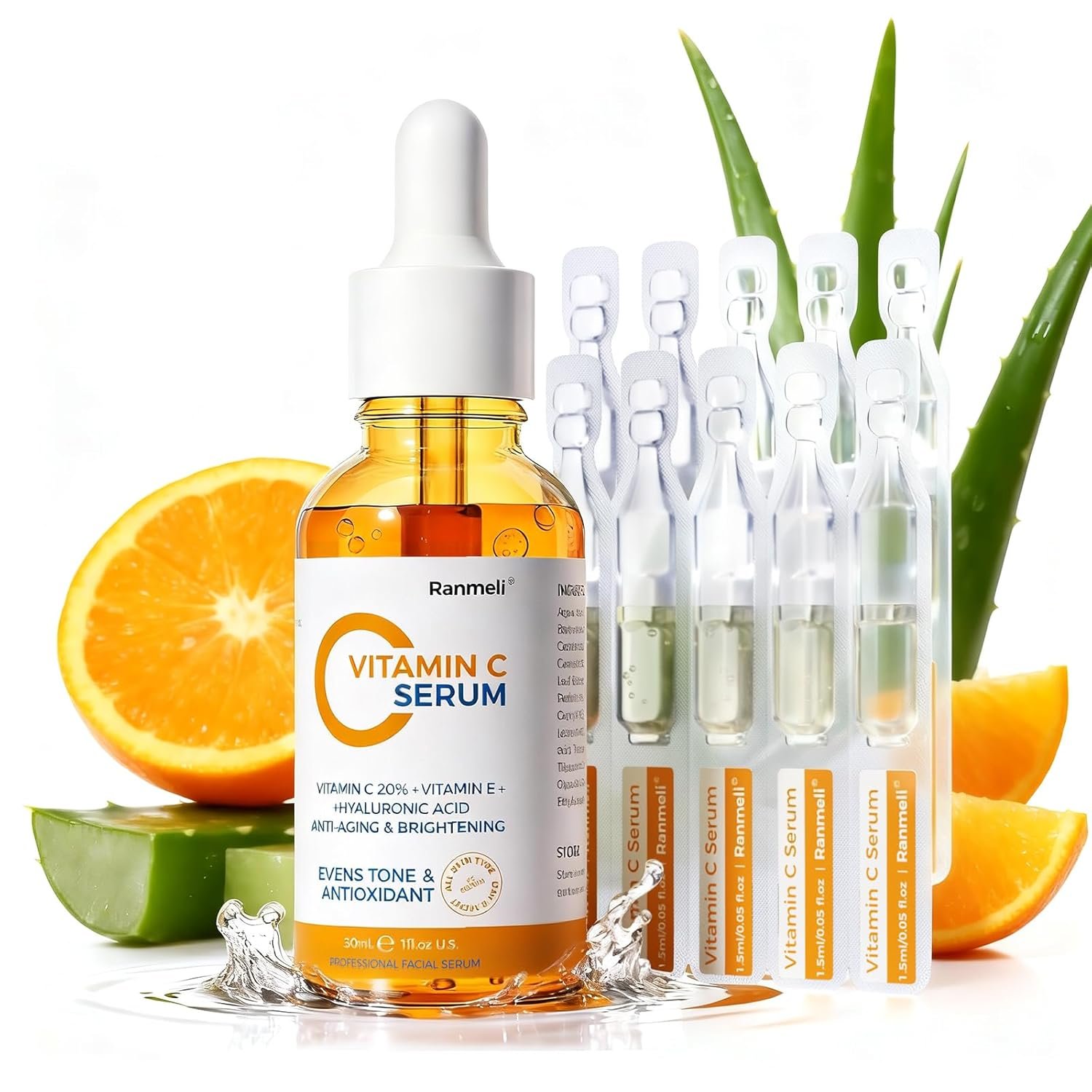 Vitamin C Serum for Face, 20% Natural Vitamin C Facial Serum with Sodium Hyaluronate,Vitamin E,Anti Aging & Wrinkle Skin Face Serum for Dark Spots,All Type Skin Care 1 fl.oz+ 0.05 fl.oz x 10e