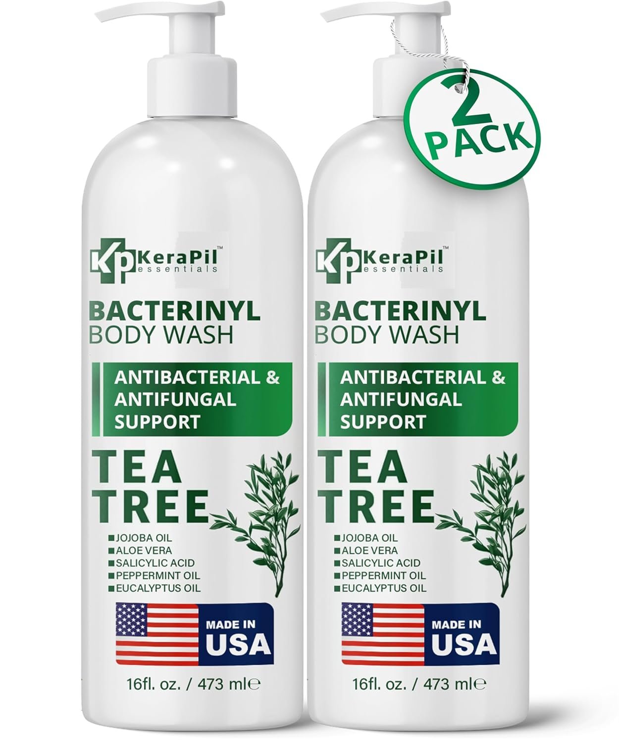 Bacterinyl Tea Tree Oil Body Wash – Antibacterial & Antifungal Support for Ringworm, Body Odors, Athlete’s Foot & Acne, Helps Soothe Itchy, Dry Skin – Made in USA (16 fl oz x 2)