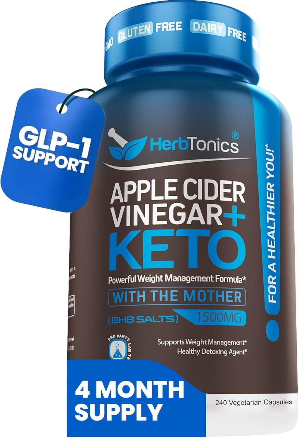 Herbtonics Metabolic Optimizer & Satiety Complex | Apple Cider Vinegar + BHB Capsules | Supports Healthy GLP-1 Levels, Fullness, Appetite, Craving & Weight Management | 240 Capsules