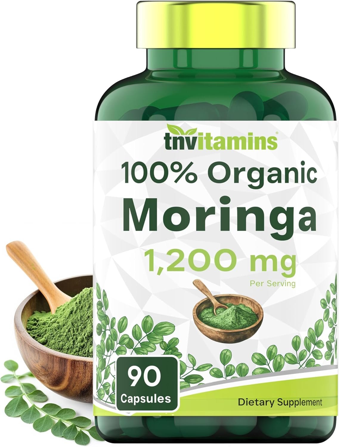 tnvitamins Organic Moringa Powder Capsules: 1,200 mg per Serving, 90 Count | Superfood Supplement for Energy & Vitality* | Organic Moringa Leaf – Non-GMO, Gluten-Free, Made in The USA