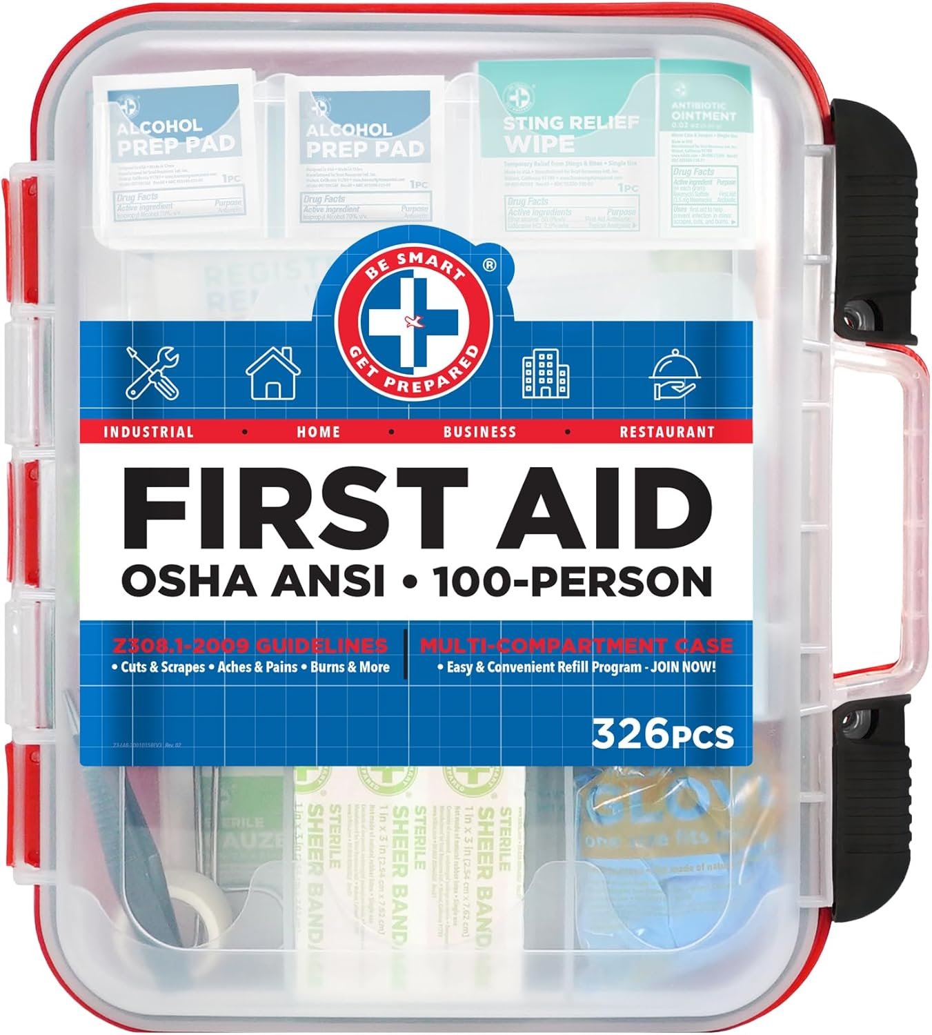 Be Smart Get Prepared First Aid Kit Hard Red Case 326 Pieces Exceeds OSHA and ANSI Guidelines 100 People – Office, Home, Car, School, Emergency, Survival, Camping, Hunting and Sports (20HBC01015REV3)