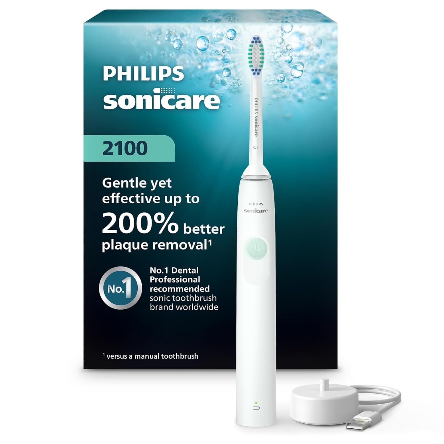 Philips Sonicare 2100 Series Electric Toothbrush – Sonic Toothbrush with Advanced Sonic Technology, Two Intensity Settings, Smartimer & Quadpacer, White, Model HX3661/04