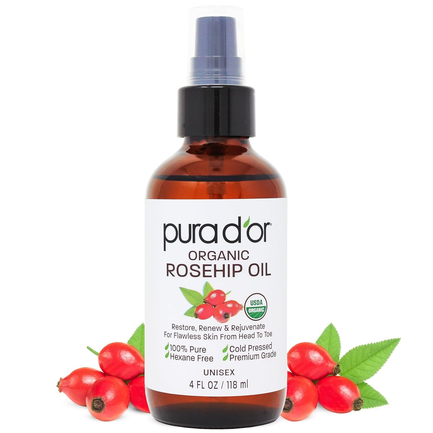 PURA D’OR 4 Oz ORGANIC Rosehip Seed Oil – 100% Pure Cold Pressed USDA Certified Anti-Aging Treatment – Vitamin A & C Rich – Helps Fade Appearance of Scars & Stretch Marks – For Face, Hair & Body