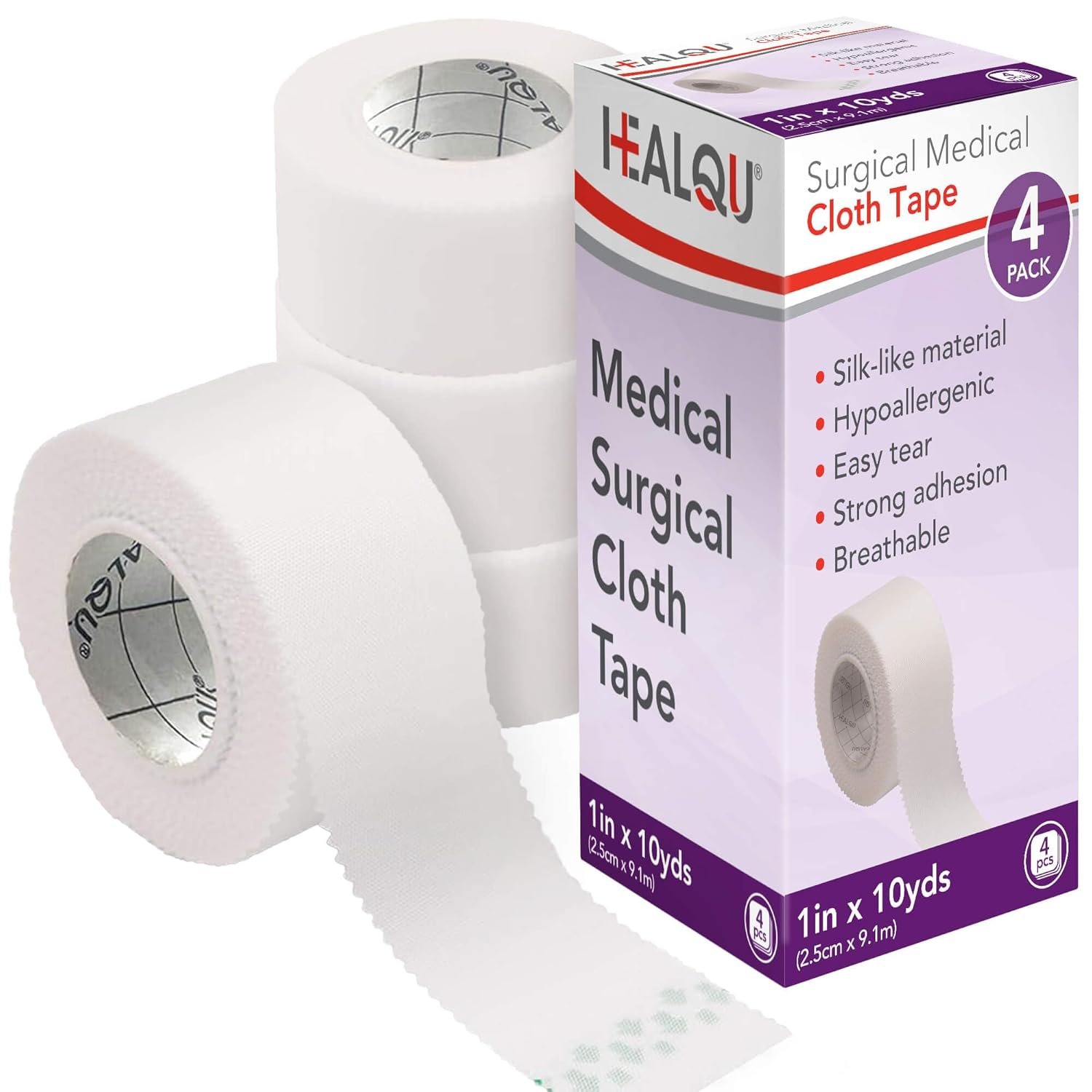 Healqu Silk Like Medical Tape – Durable Cloth Medical Tape – 1 in x 10yd, 4 Rolls – Surgical Tape Woven for Strongly Holding Large Dressings, Securing Splints, and Ideal for Long-Term Care