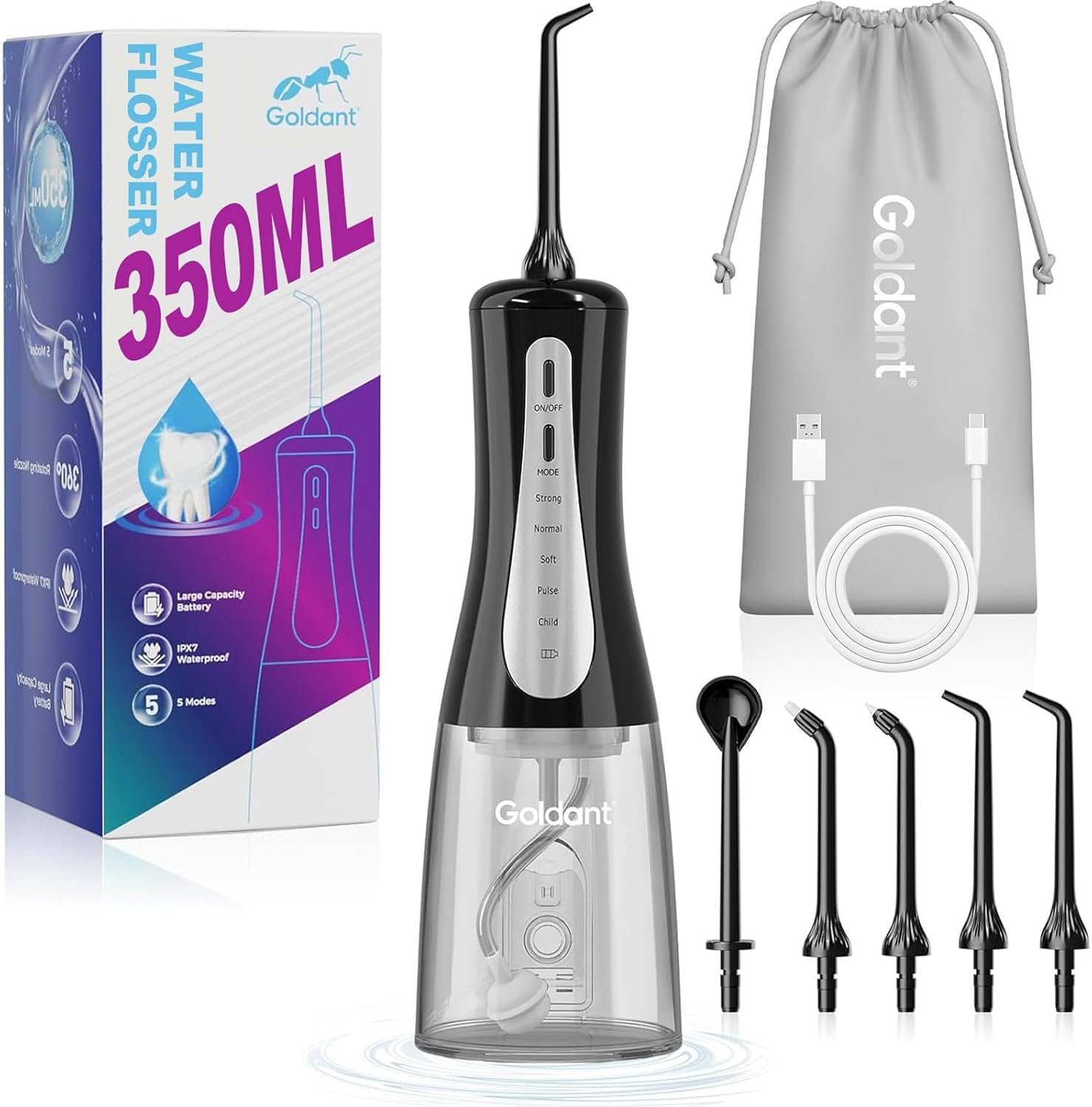 2026 New 350ML Water Dental Flosser Teeth Pick with Bag, 5 Modes Portable Cordless Oral Irrigator Cleaner, Electric Rechargeable IPX7 Waterproof for Home Travel Teeth Cleaning flossing (Black)