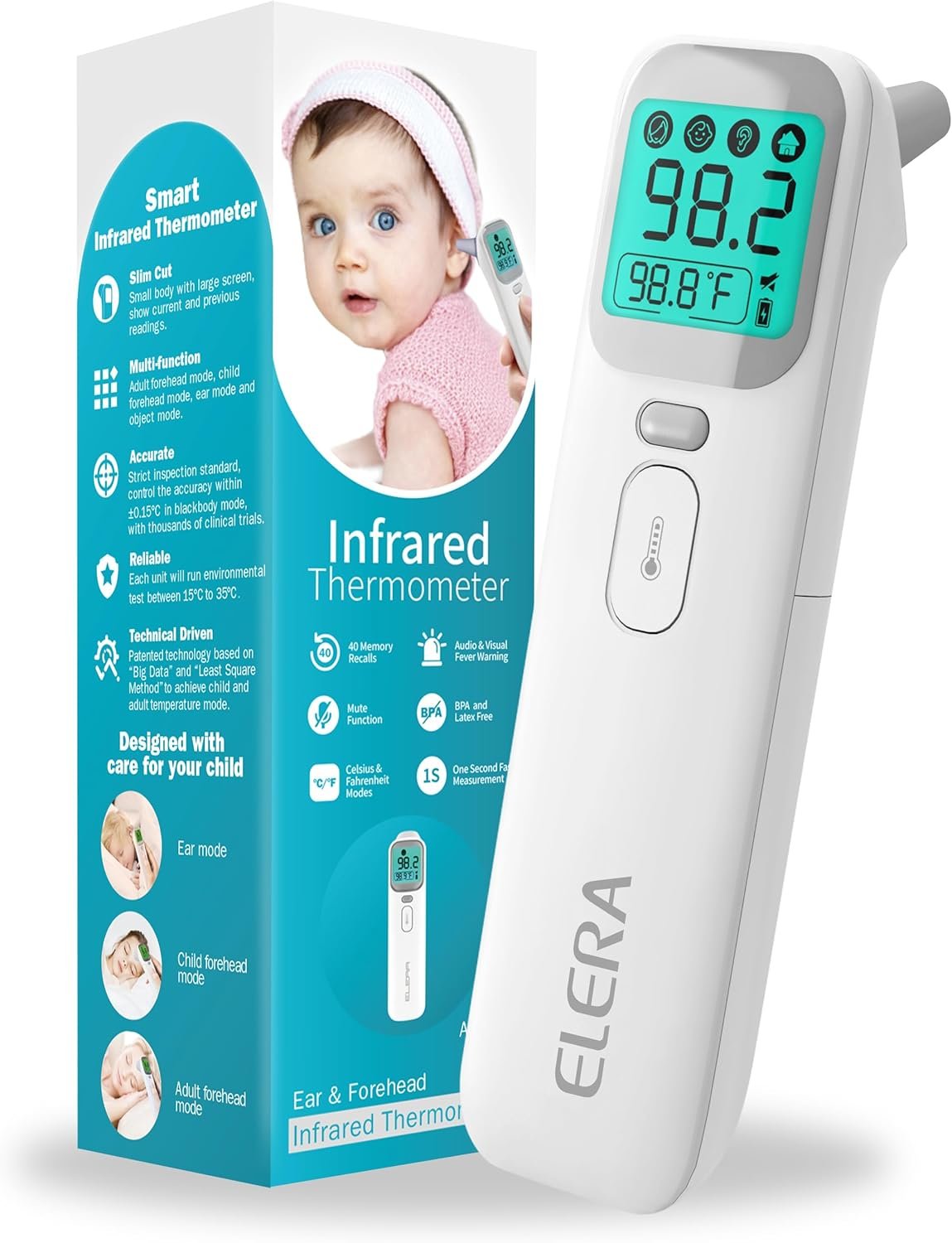 Elera Ear Thermometer for Kids, Baby Thermometer with Forehead and Ear Mode for Adults, Infant, Kids and Toddler, Touchless and 1 Second Reading with Fever Alarm and Mute Function, LCD