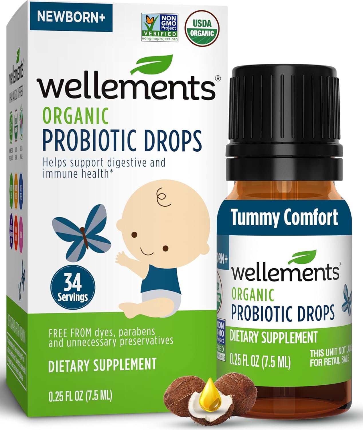 Wellements Organic Baby Probiotic Drops (0.25 Fl Oz) – Digestive & Immune Support for Infants – Toddler Probiotic Helps with Newborn+ Gut Health, Gas, Constipation & Colic Support – Preservative Free