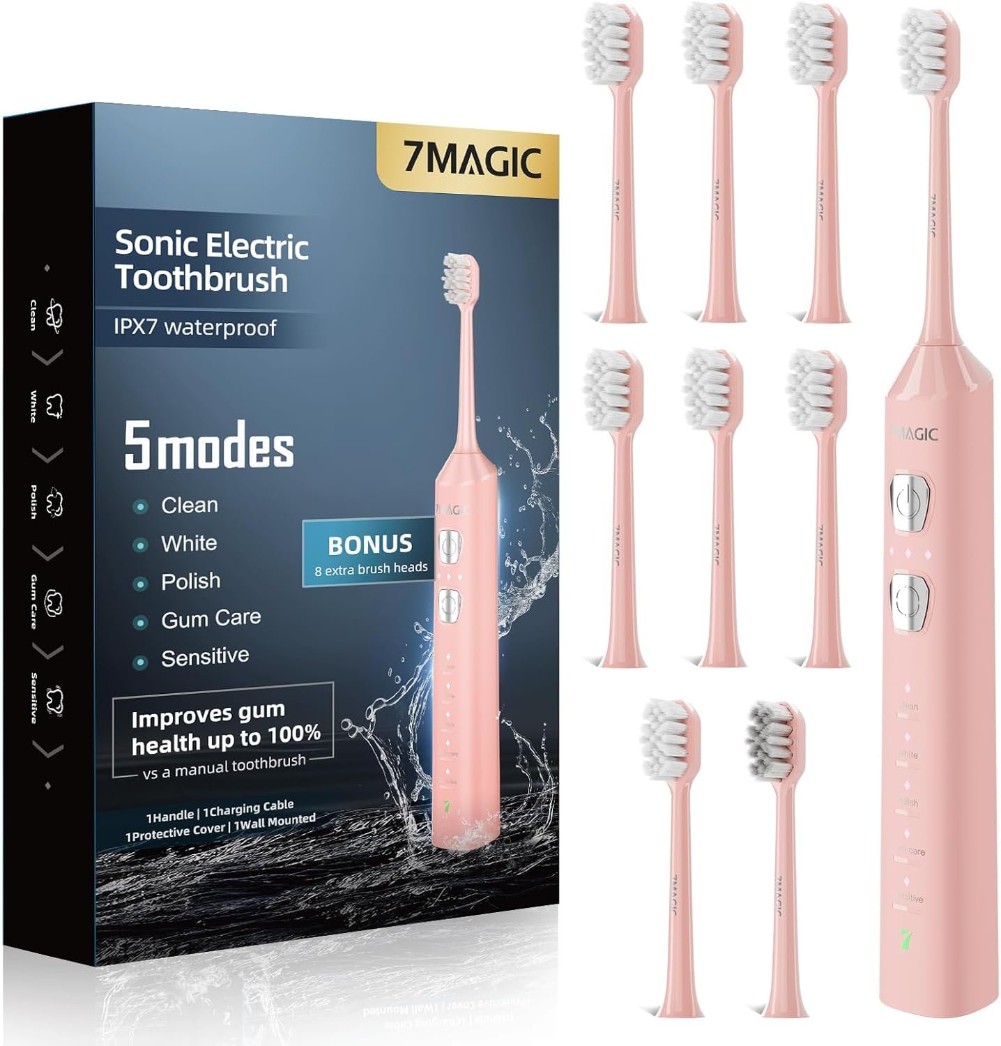 7MAGIC Sonic Electric Toothbrush for Adults and Kids – Up to 180 Days Runtime, 42000 VPM Powered Toothbrush, 5 Modes & 3 Intensities for Sensitive Teeth & Braces, Includes 8 Brush Heads, Pink