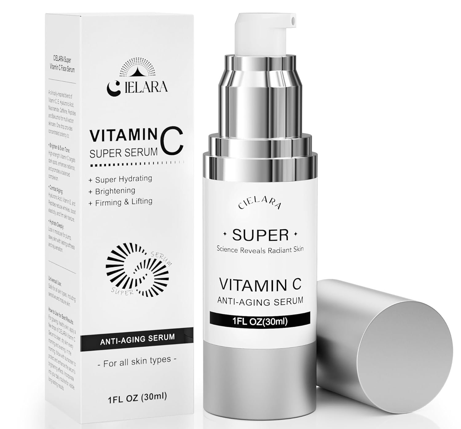 Super Vitamin C Serum, 20% Vit C Anti Aging & Wrinkle Retinol Face Serum With Hyaluronic Acid, Vitamin E, Caffeine, Peptides For Women Face Fine Lines Wrinkle Brightening – 1 Fl Oz