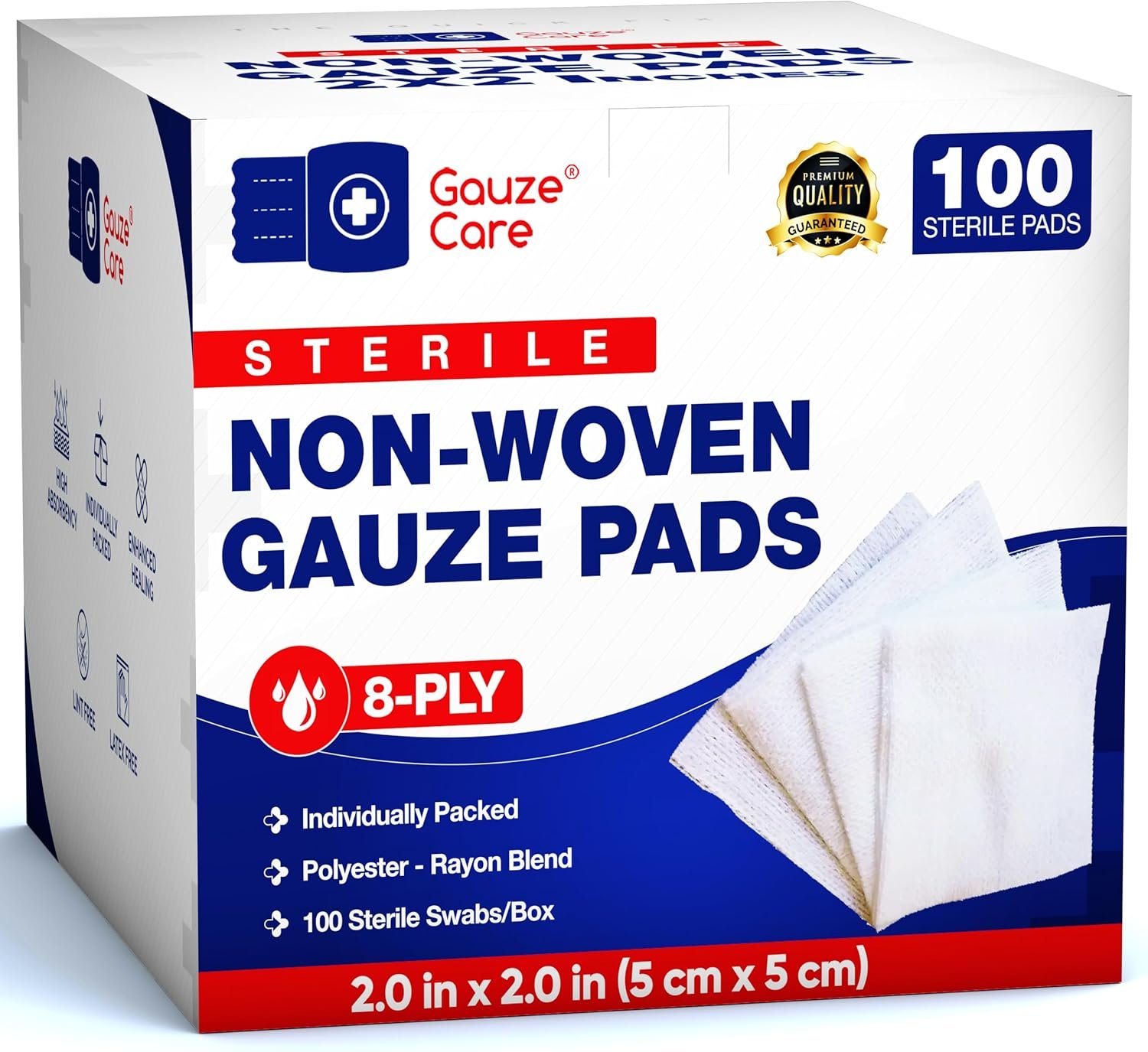 Non-Woven Sterile Gauze Pads 2×2 Pack of 100| 8 ply Gauze Sponges| Individually Packed 2×2 Gauze Pads sterile| Soft and lint-Free Medical Gauze Pads for Enhanced Absorption and First-Aid Wound Care