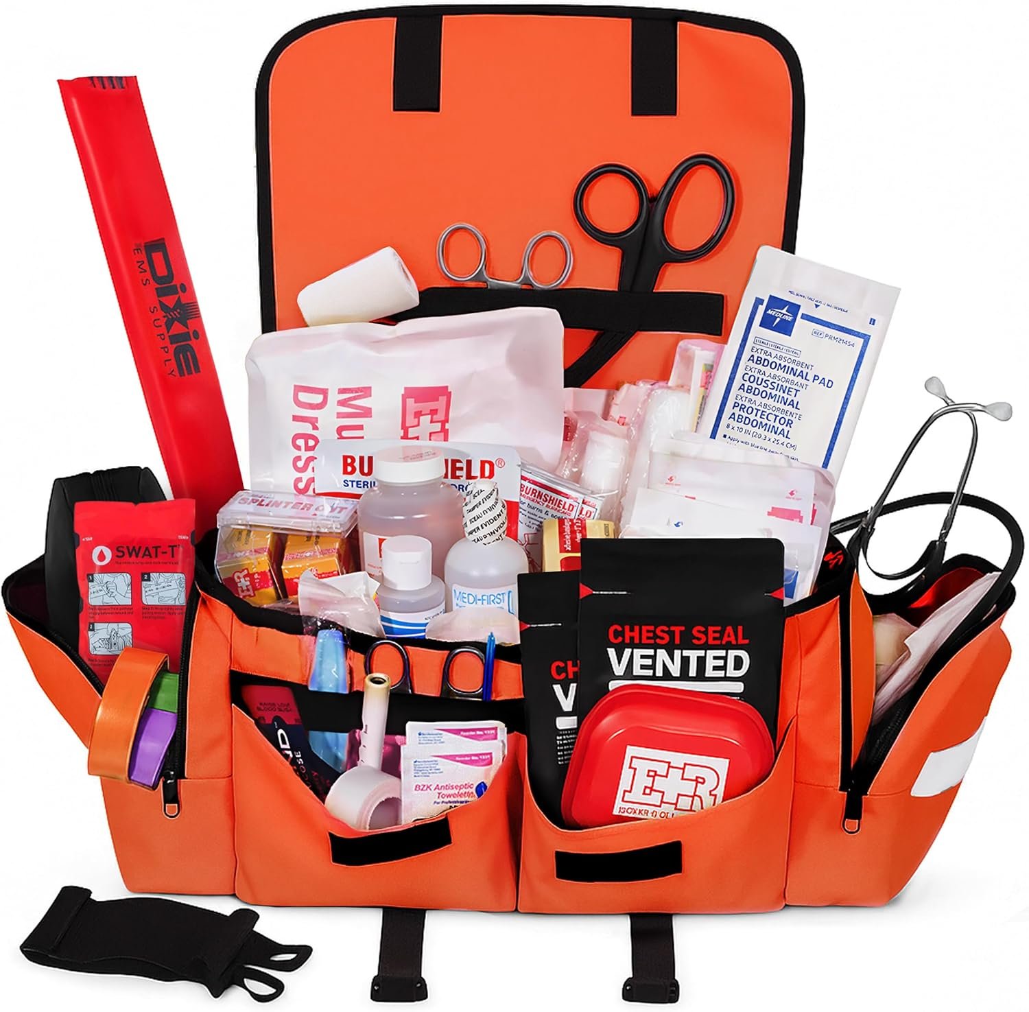 Fully Stocked EMT Trauma Bag – Tactical First Responder Medical Kit with Tourniquet, Chest Seals, Bleeding Control, Gauze, Shears & Bandages – Orange