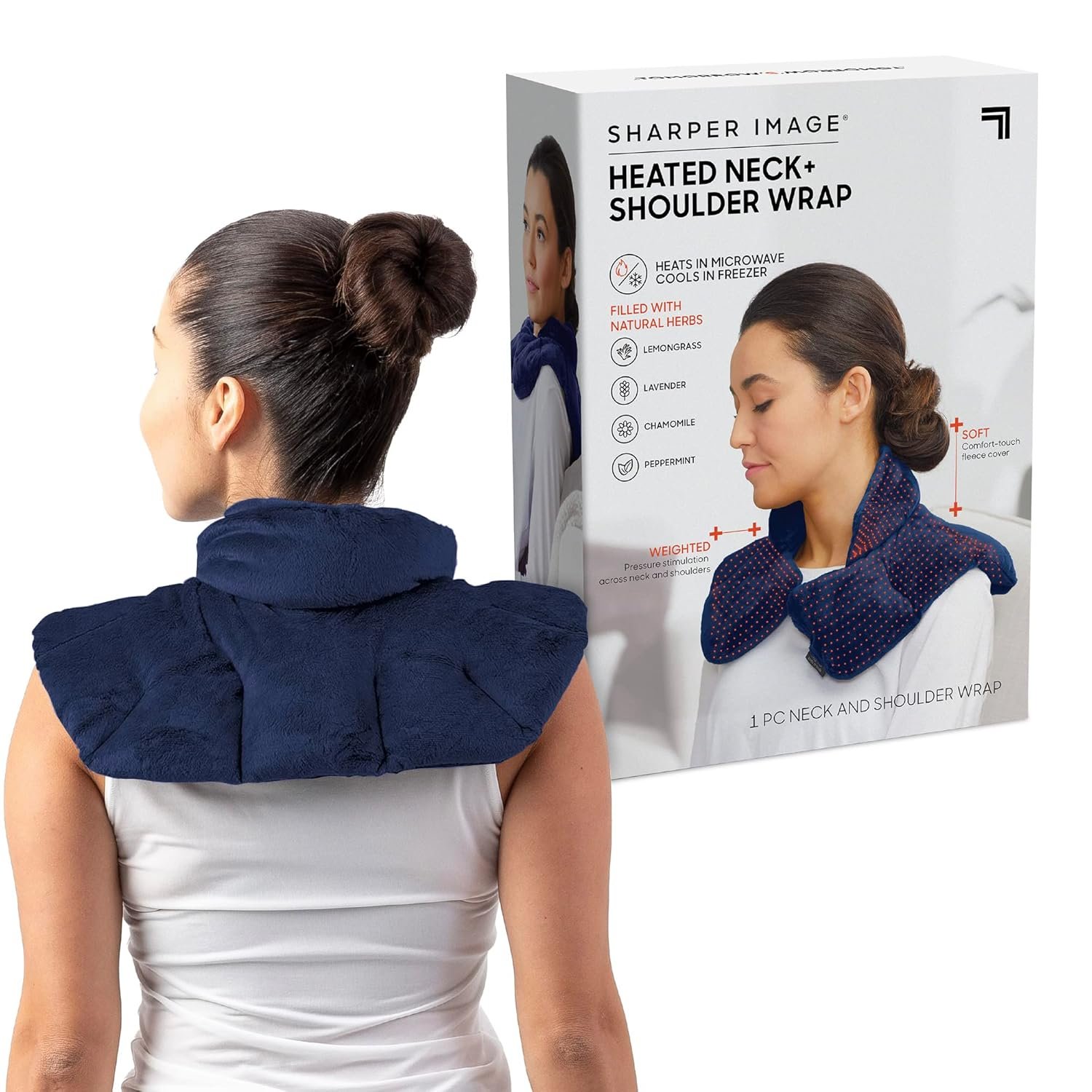 Sharper Image Heated Neck & Shoulder Wrap – Microwavable Warm & Cooling Plush Pad, Scented Aromatherapy (100% Natural Lavender & Herb Spa Blend), Pain Tension Headache Relief Therapy, Gift for Women
