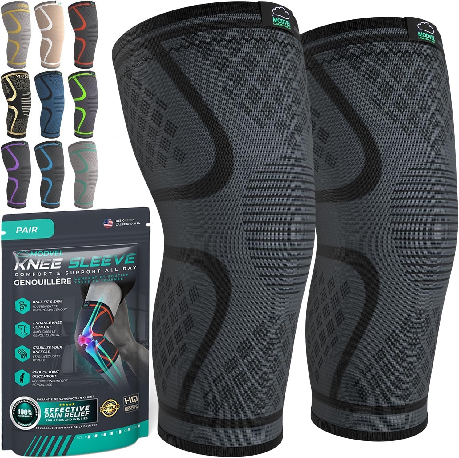 Modvel Compression Knee Brace for Women & Men – 2 Pack Knee Brace for Women Running Knee Pain, Knee Support Compression Sleeve, Workout Sports Knee Braces for Meniscus Tear ACL & Arthritis Pain Relief