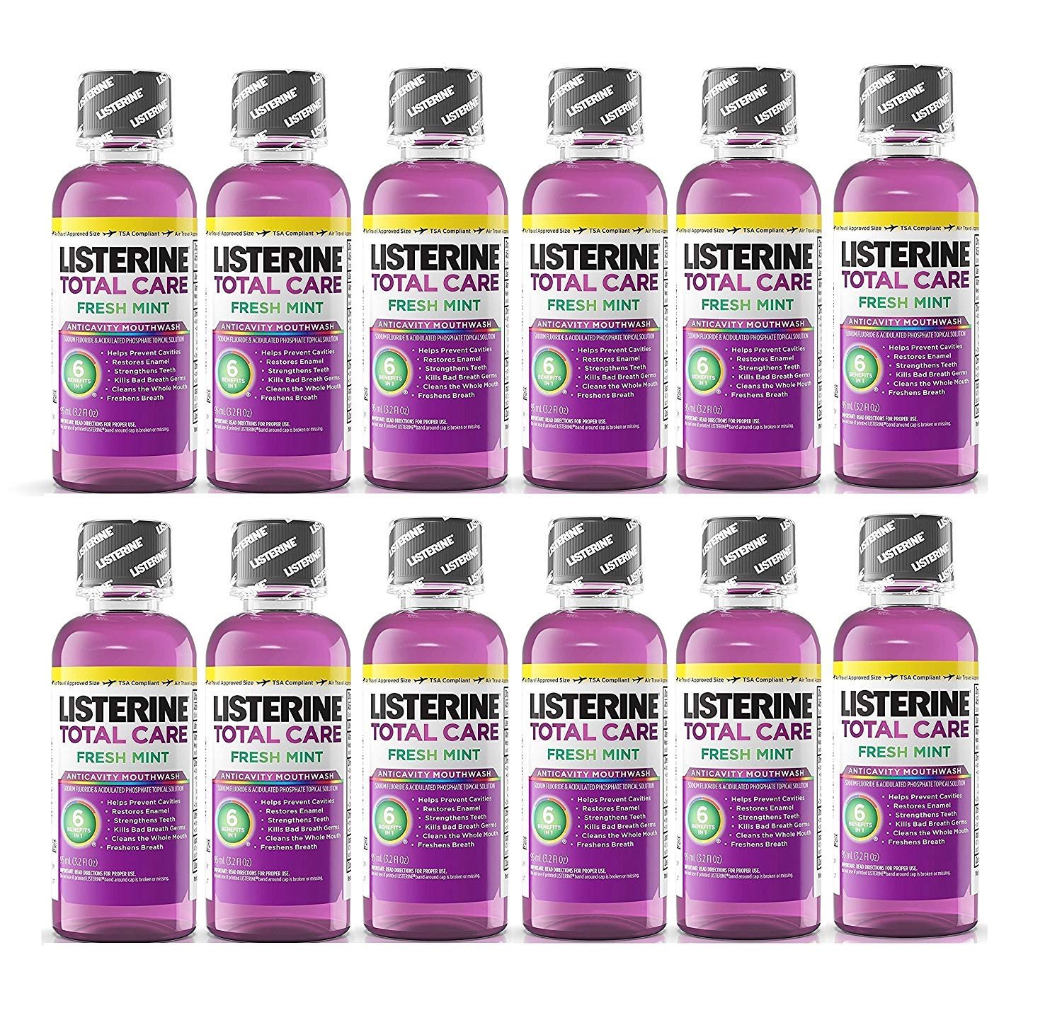 Listerine Total Care Fresh Mint Antiseptic Mouthwash, Travel Size 3.2 Ounces (95ml) – Pack of 12