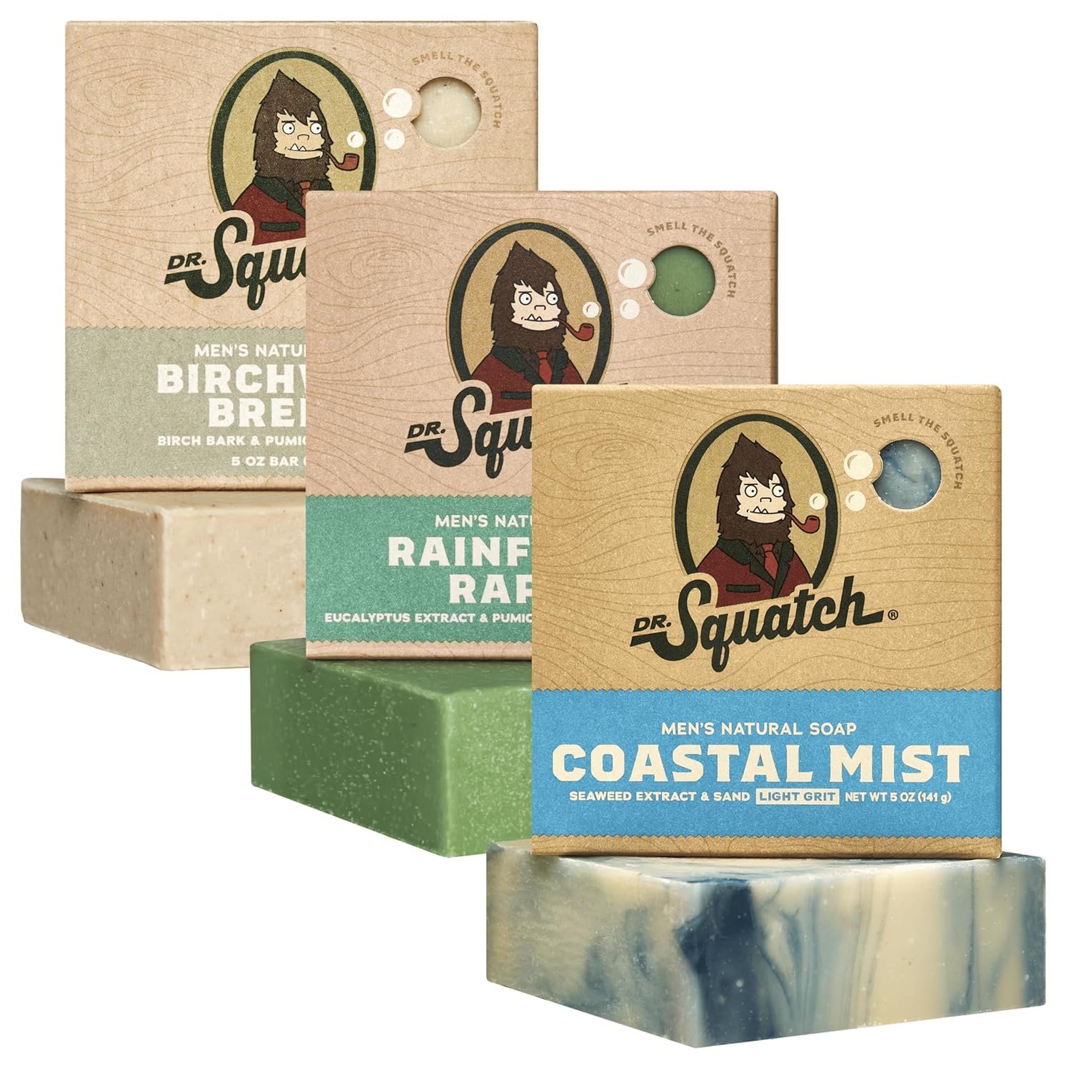 Dr. Squatch Natural Men’s Bar Soap – Cold Process Body Soap Bar with Natural Oils – Gifts for Men – Coastal Mist, Rainforest Rapids, Birchwood Breeze (5 oz, 3-Pack)