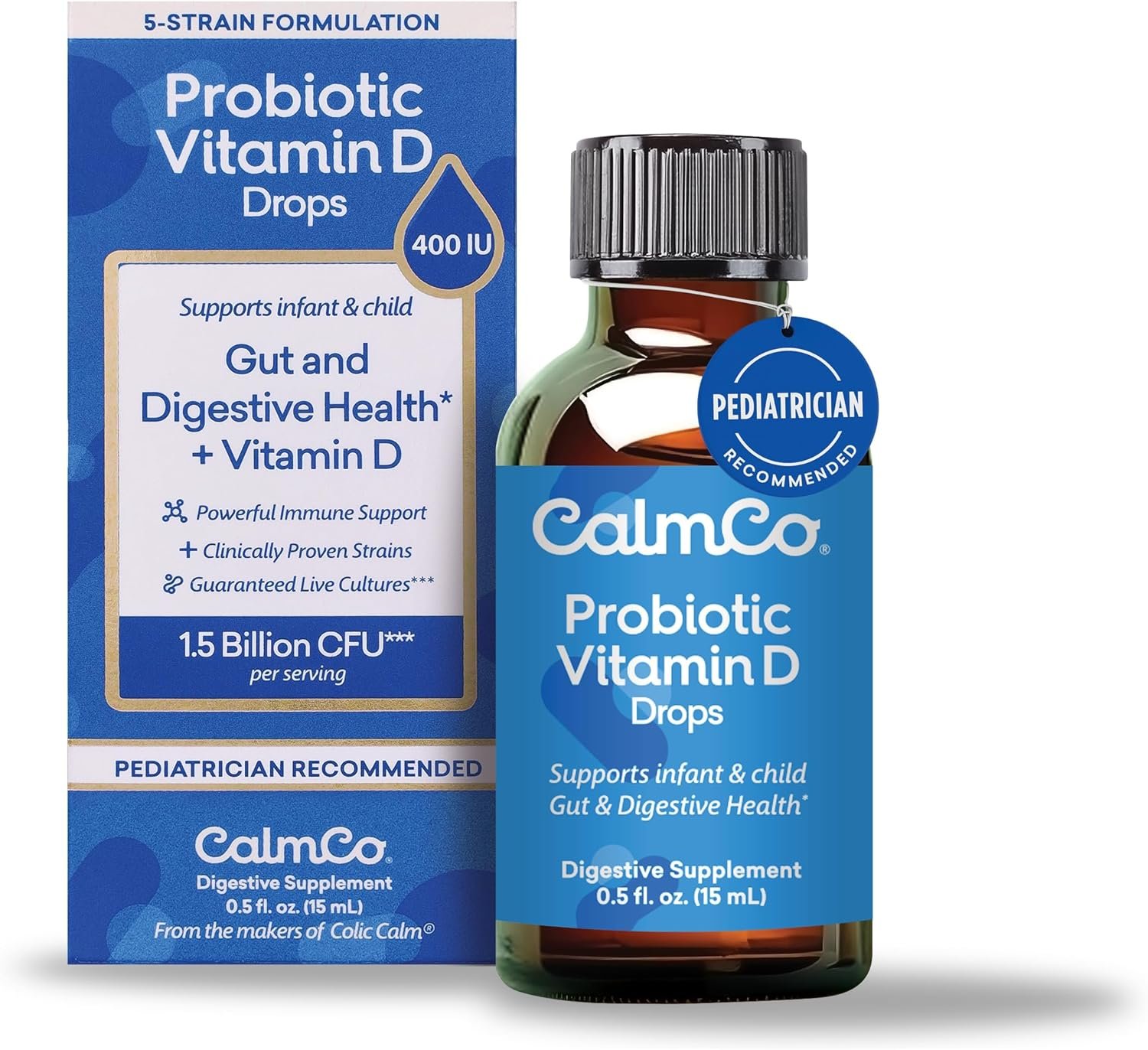 CalmCo Probiotic Vitamin D Drops – Supports Infant & Child Gut Health, Helps Reduce Gas, Colic & Fussiness, Baby Probiotic Drops with Vitamin D3, Pediatrician Recommended, Unflavored, 15ml (Pack of 1)