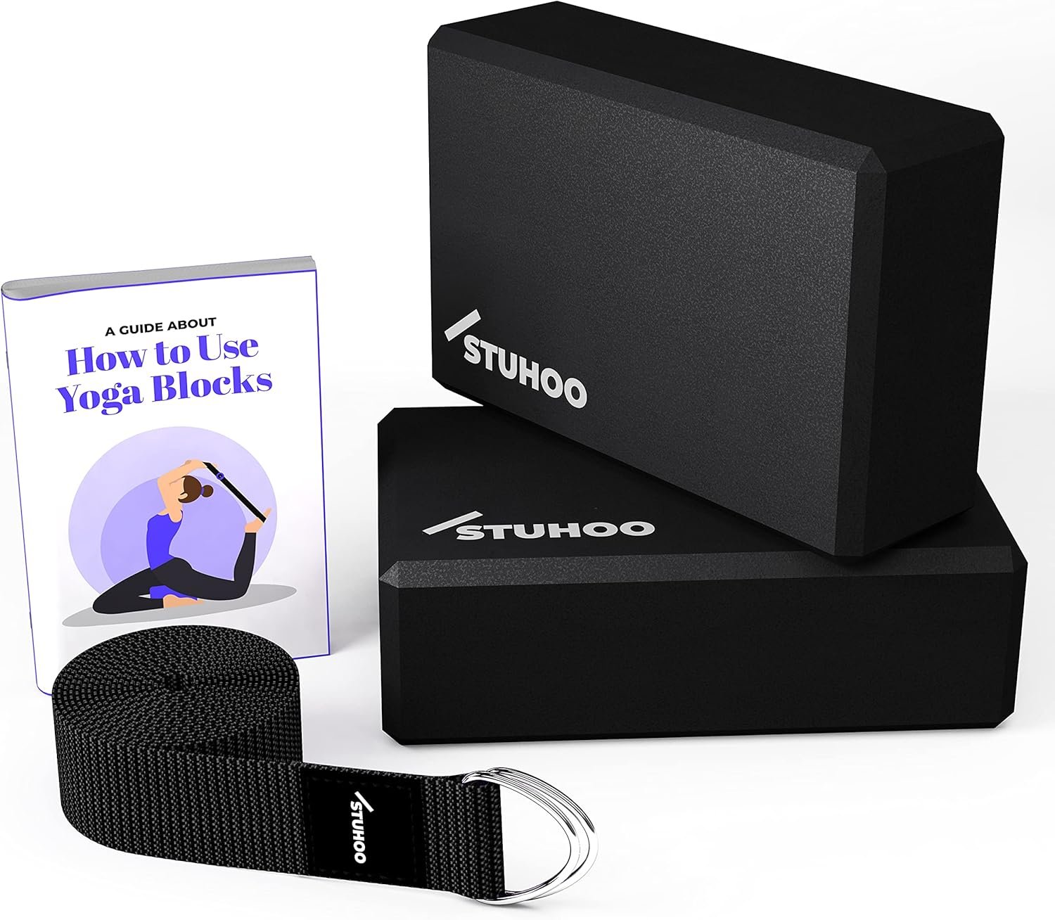STUHOO Yoga Blocks 2 pack and Yoga Strap Includes Descriptive E-book for Beginners Sturdy Yoga Brick & Lightweight Eva Foam Block Support Deepen Poses, Provides Strength & Stability for Pilates Practice